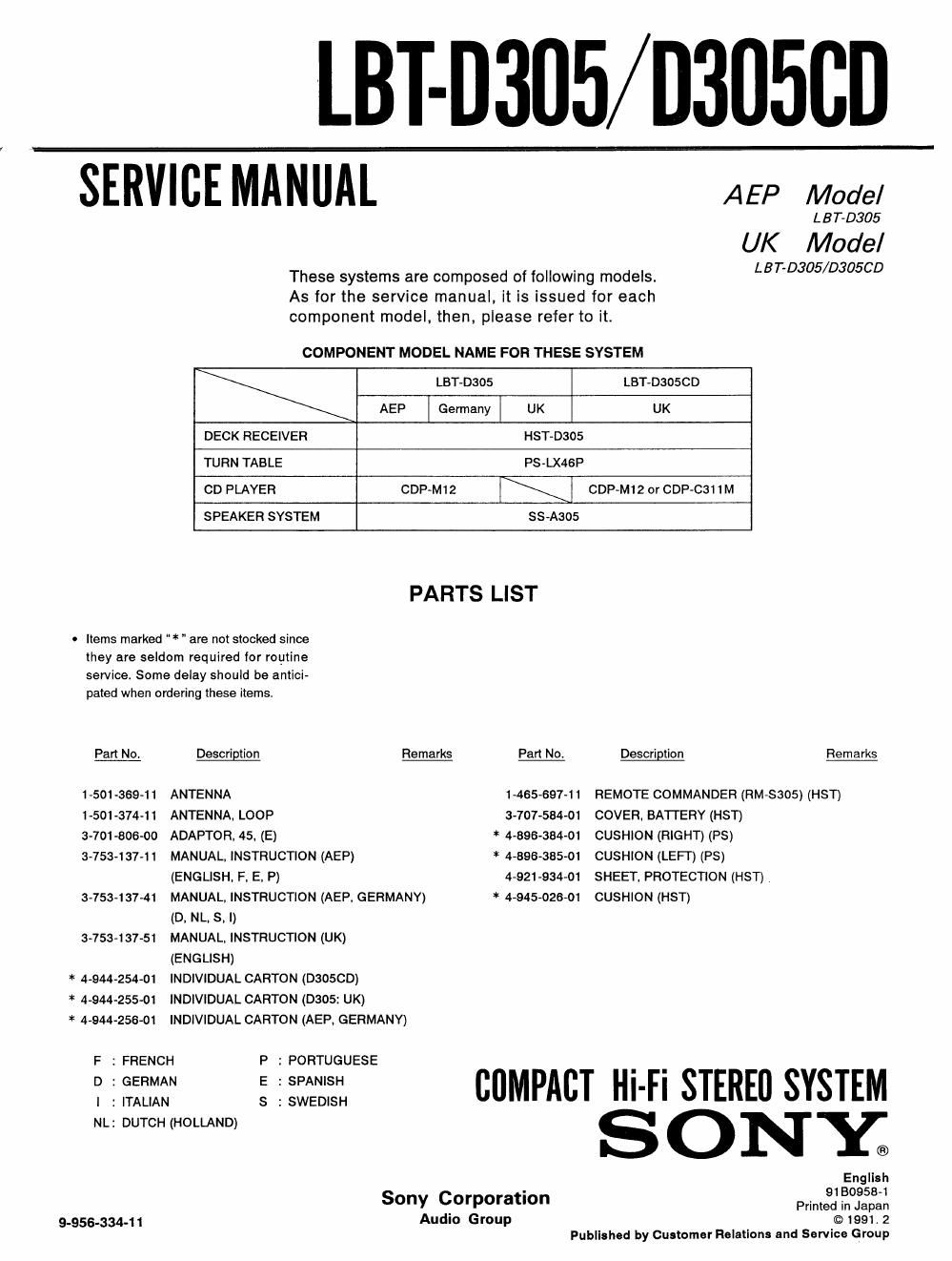 sony lbt d 305 cd service manual
