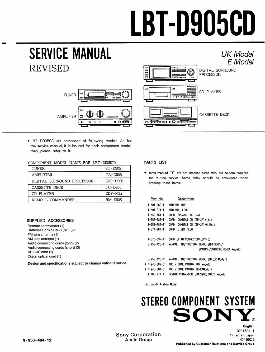 sony lbt d 905 cd service manual