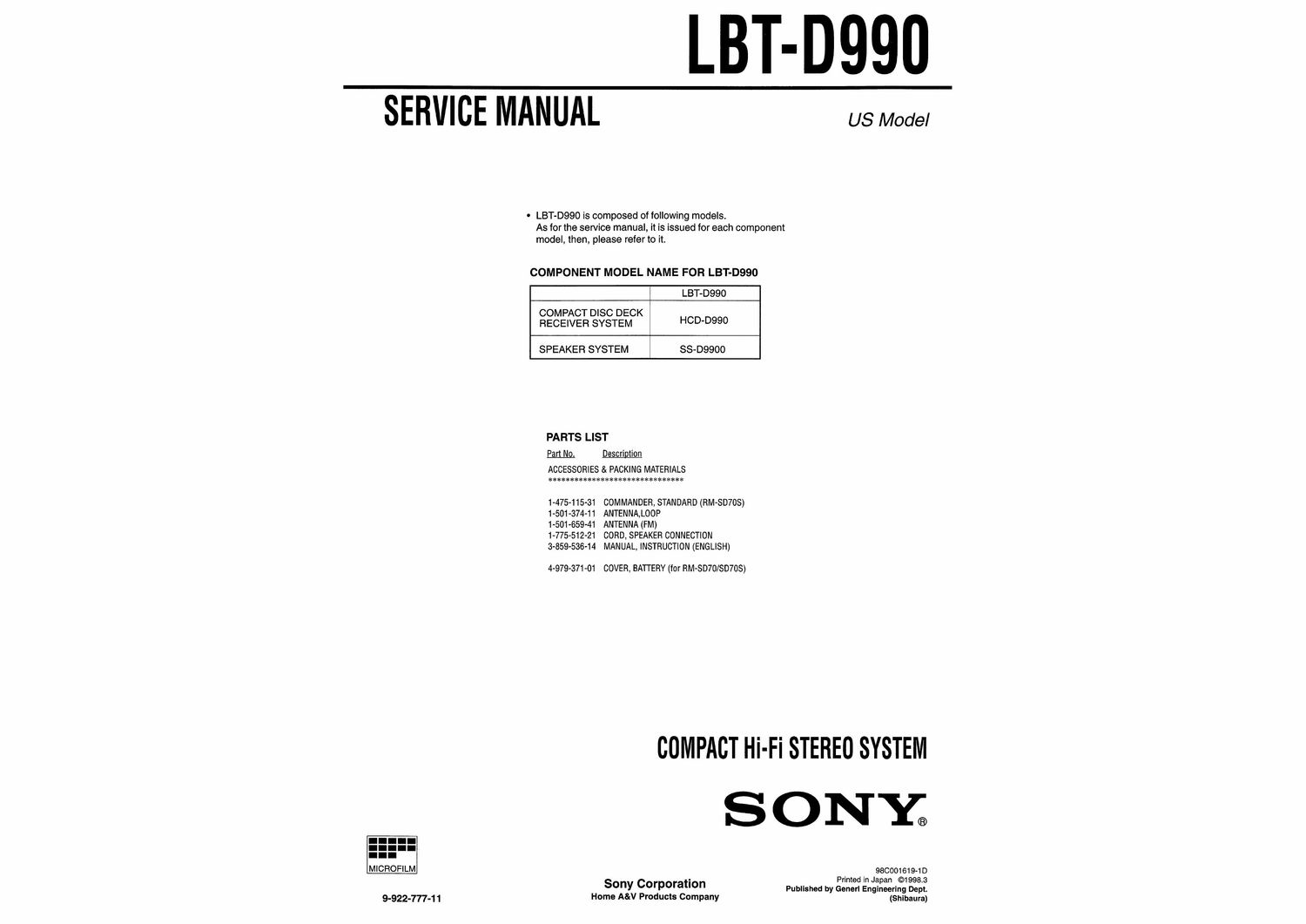 sony lbt d 990 service manual