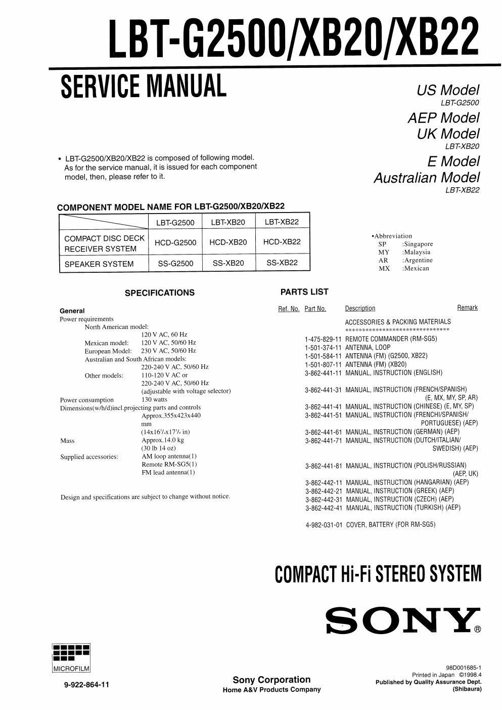 sony lbt g 2500 service manual