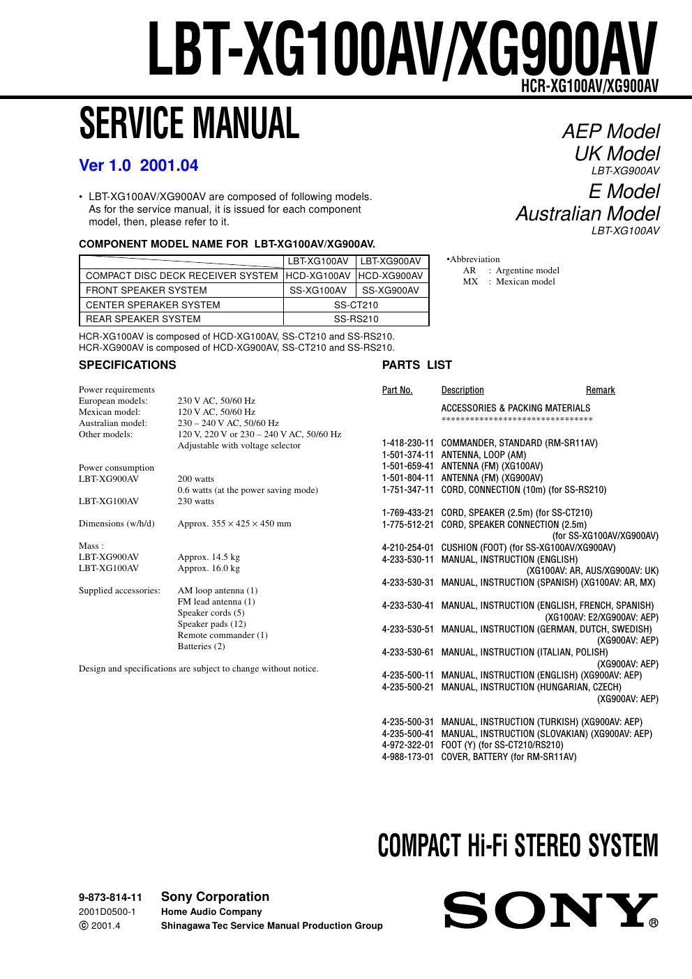 sony lbt xg 100 av service manual