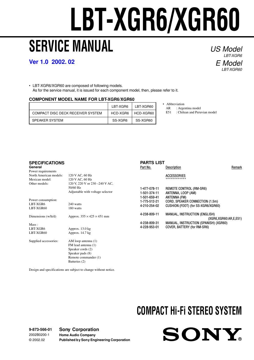 sony lbt xgr 60 service manual