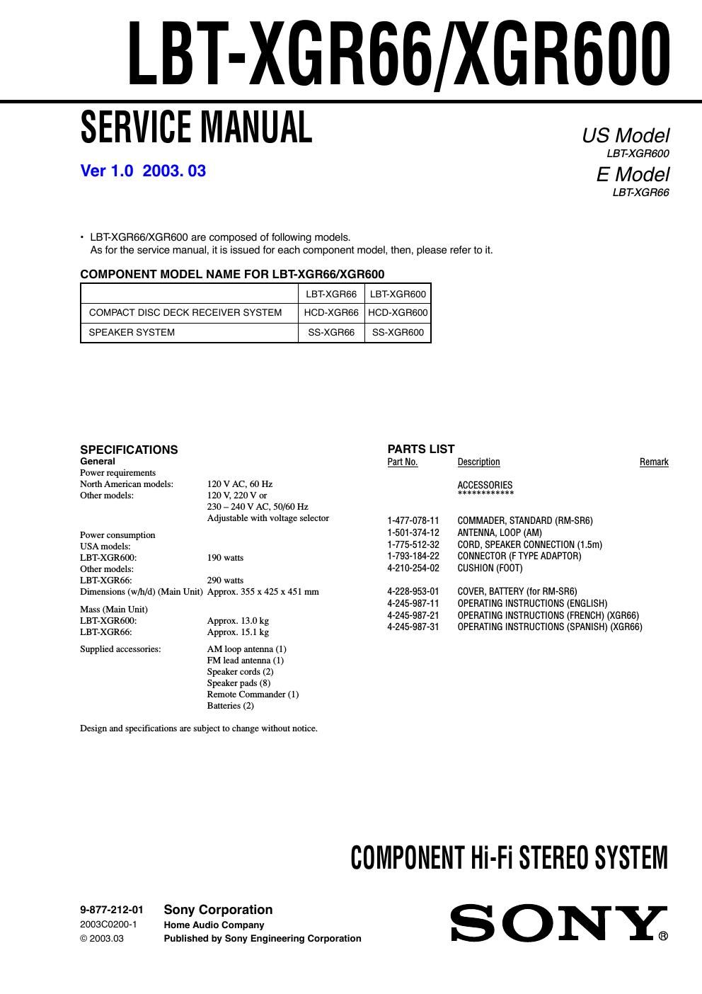 sony lbt xgr 600 service manual