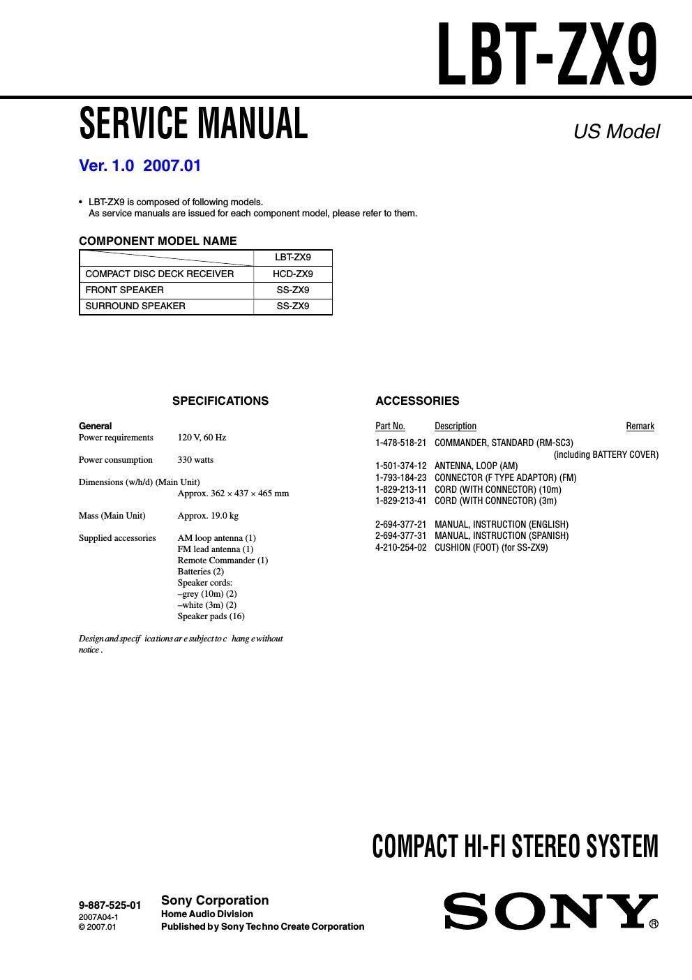 sony lbt zx 9 service manual