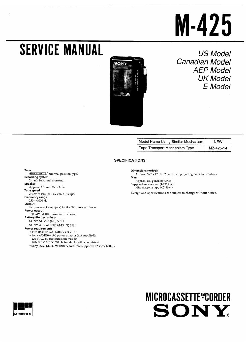 sony m 425 service manual
