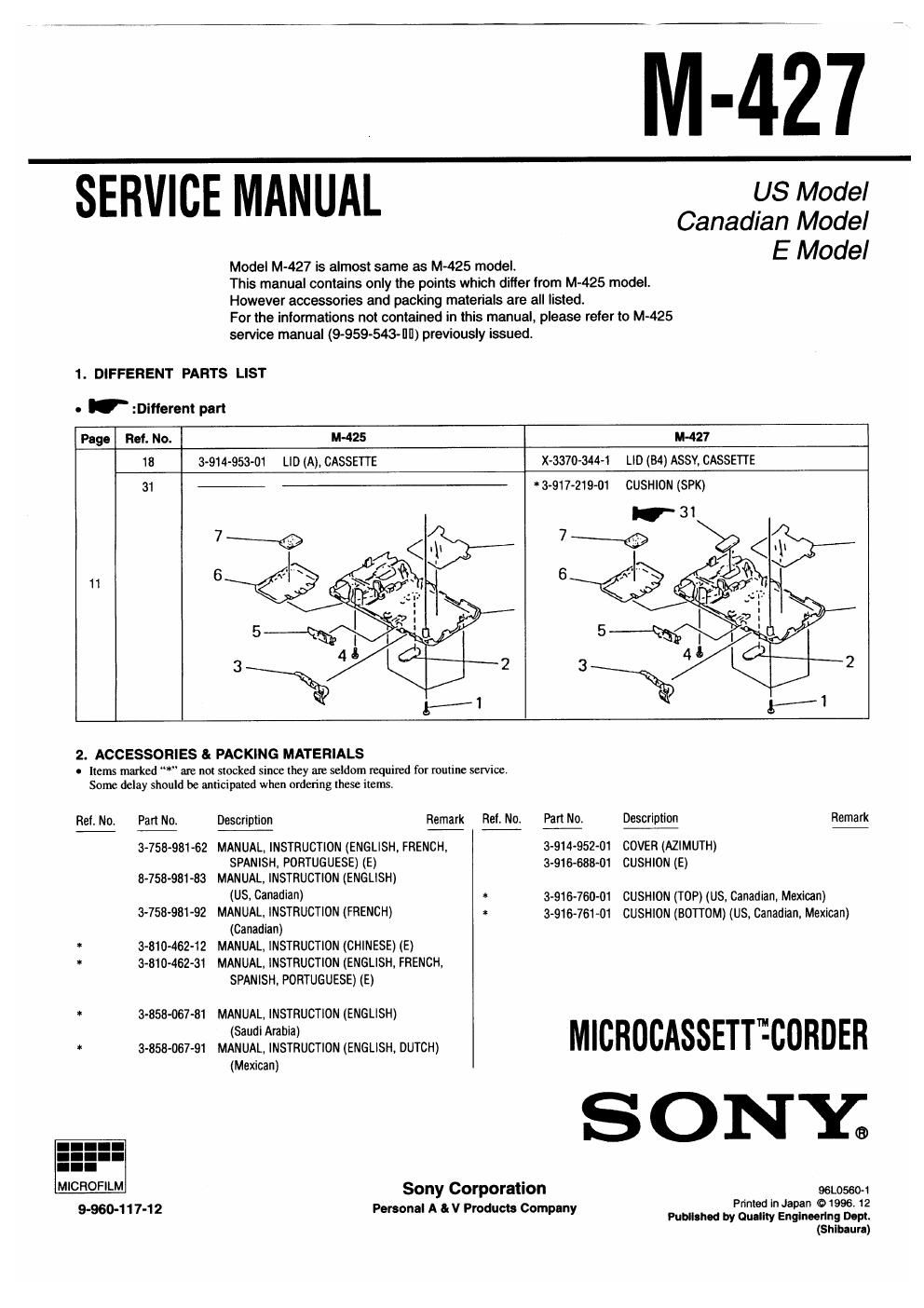 sony m 427 service manual