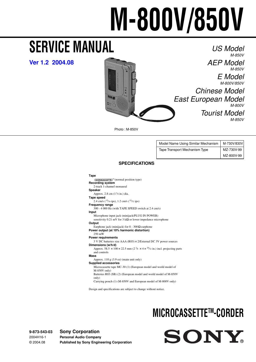 sony m 850 v service manual