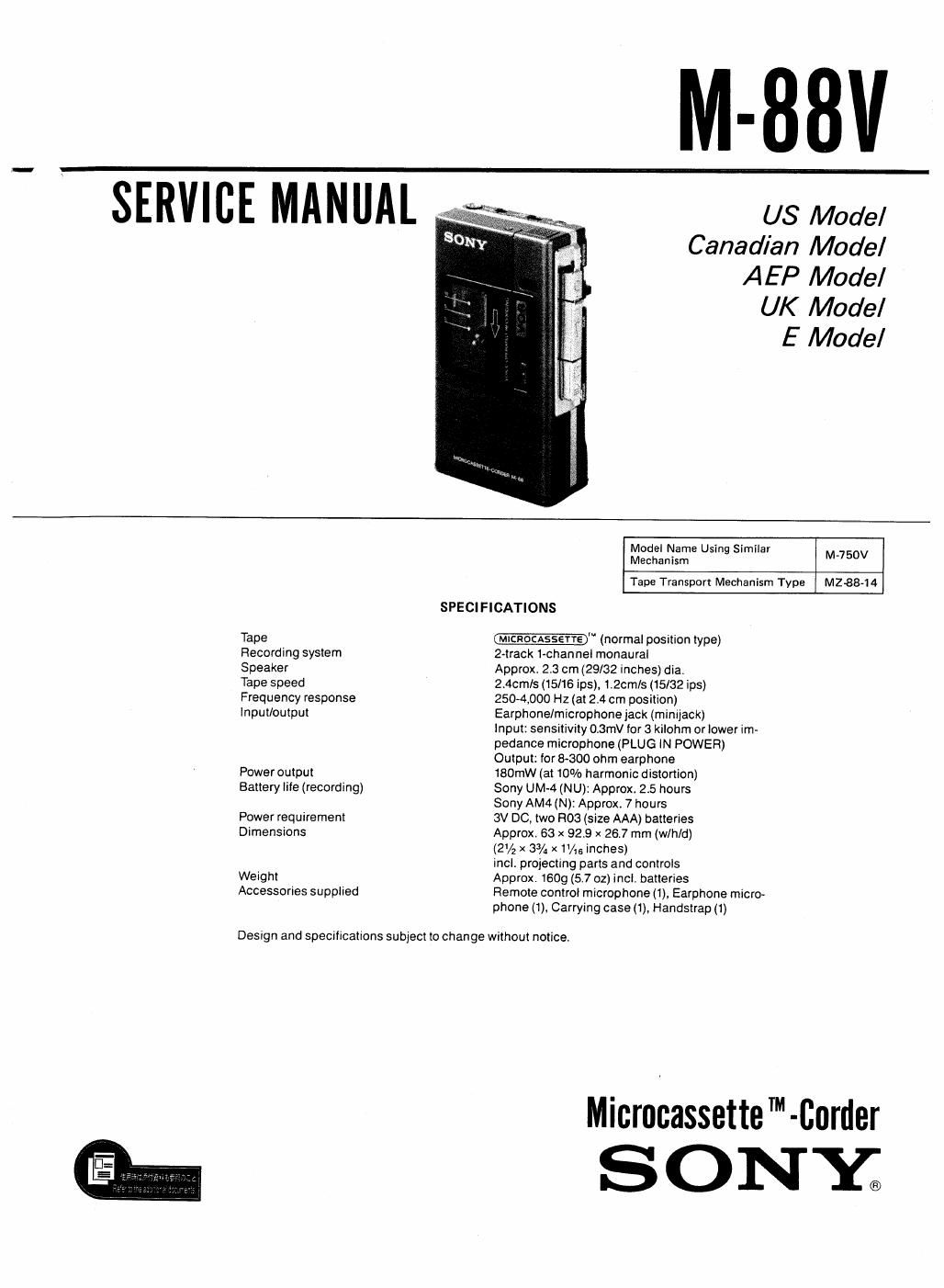 sony m 88 v service manual