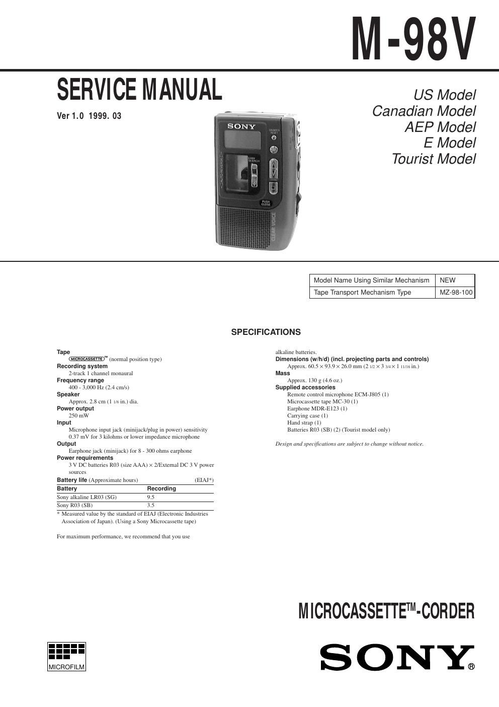 sony m 98 v service manual