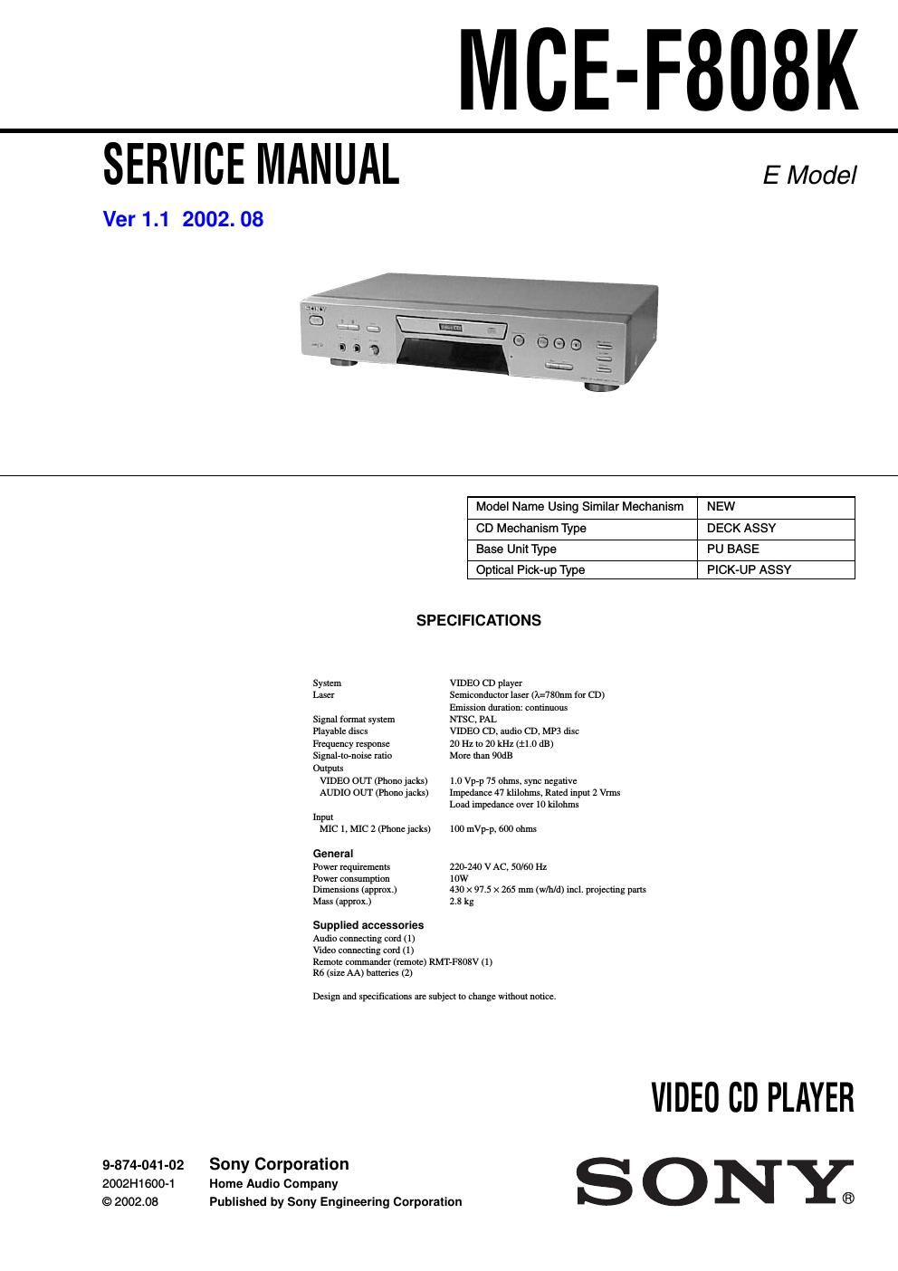 sony mce f 808 k service manual