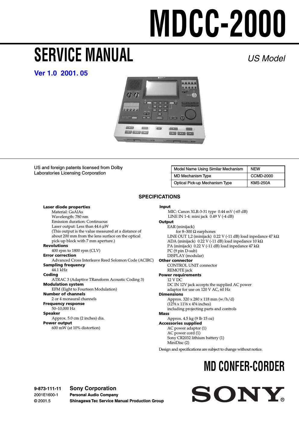 sony mdcc 2000 service manual