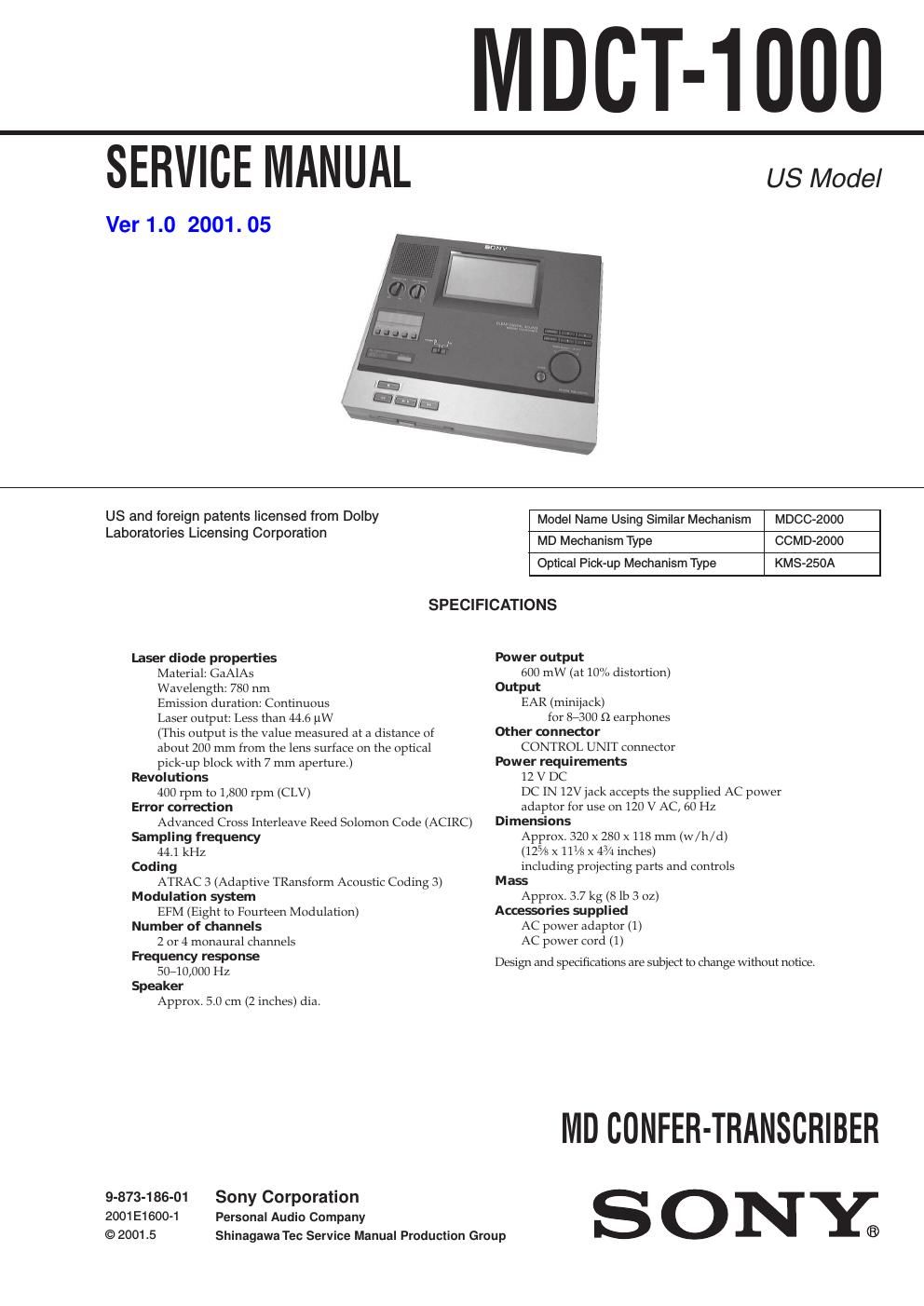 sony mdct 1000 service manual