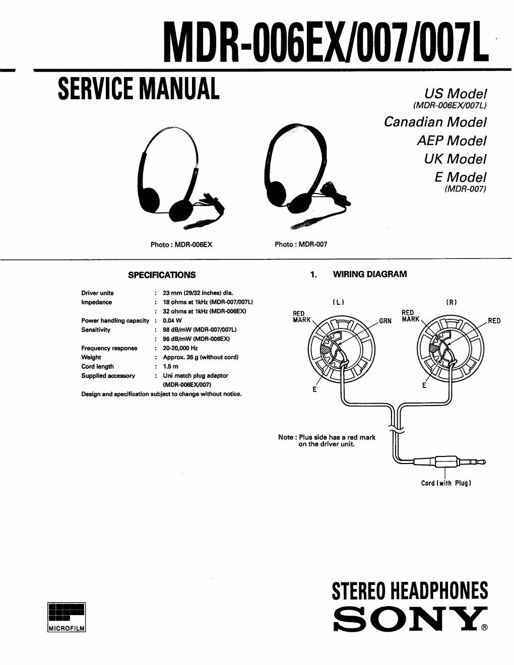 sony mdr 006 ex service manual