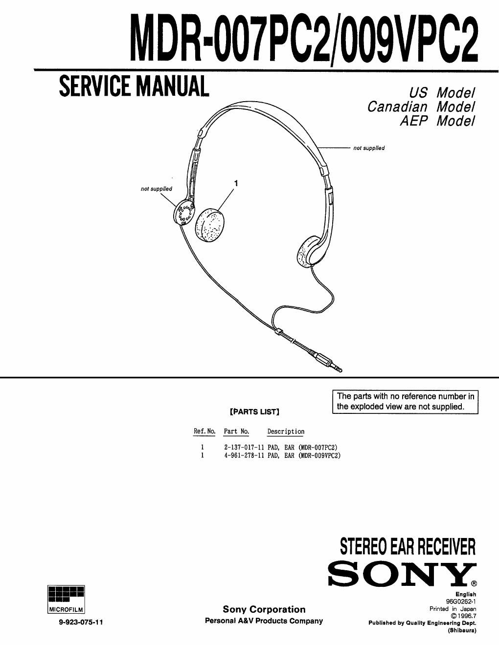 sony mdr 009 pc 2 service manual