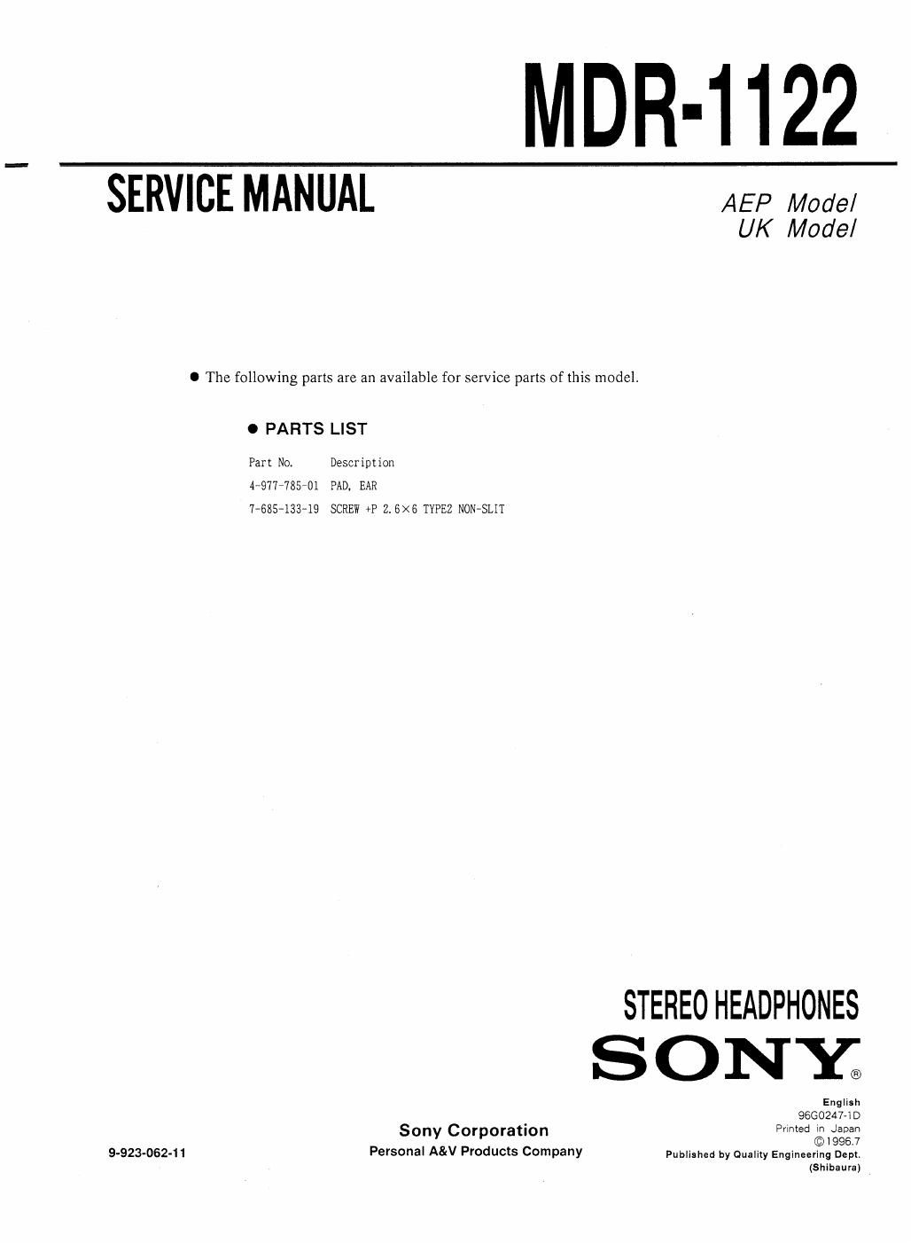 sony mdr 1122 service manual