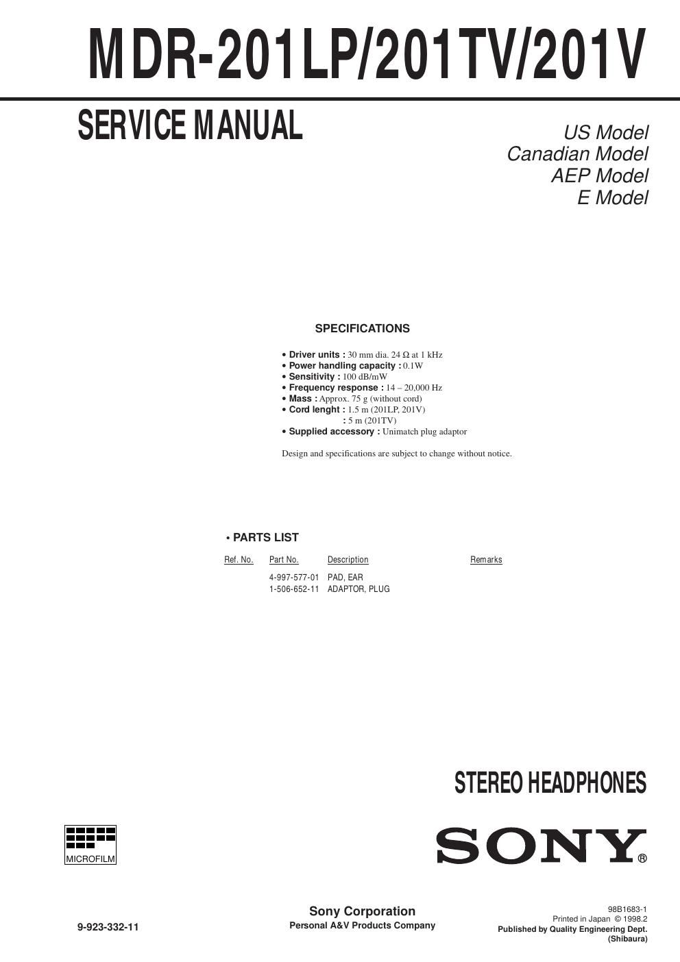 sony mdr 201 lp service manual
