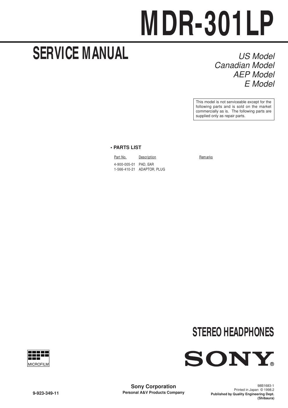 sony mdr 301 lp service manual