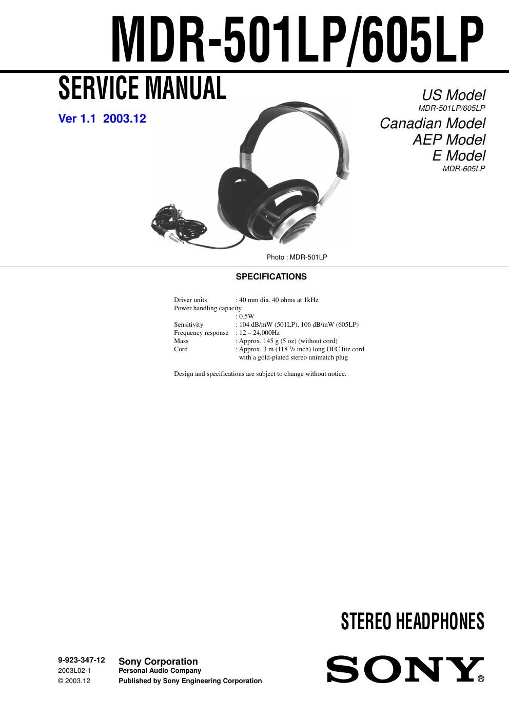 sony mdr 605 lp service manual