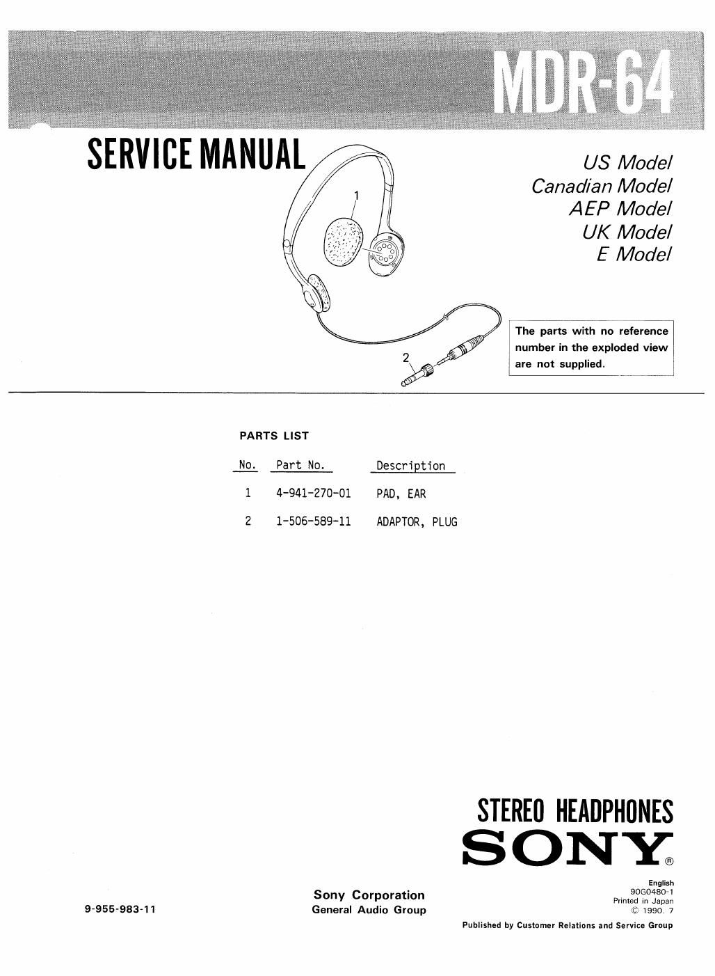 sony mdr 64 service manual
