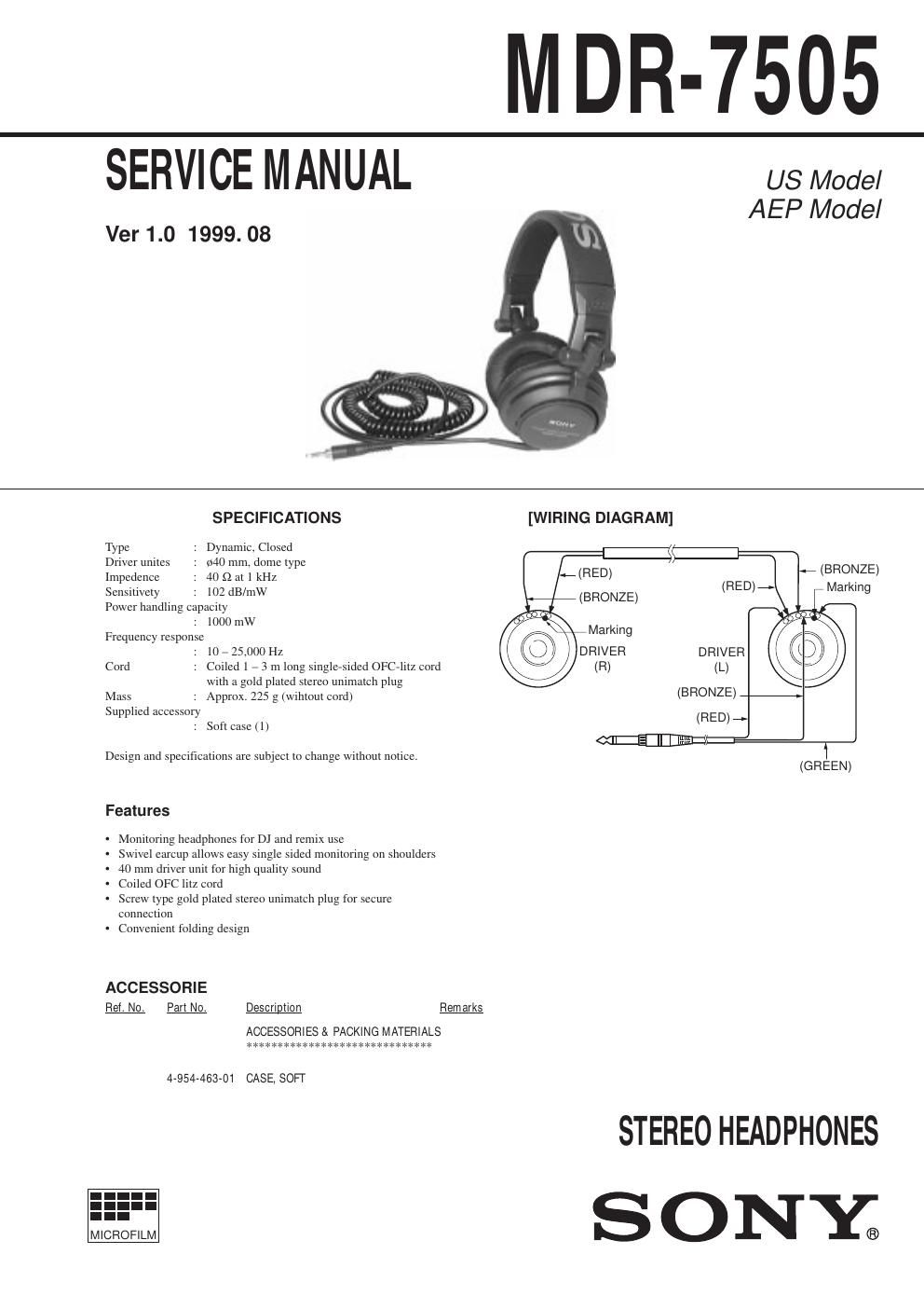 sony mdr 7505 service manual