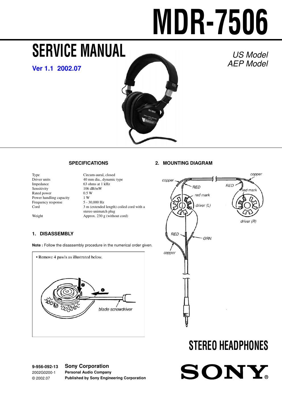 sony mdr 7506 service manual