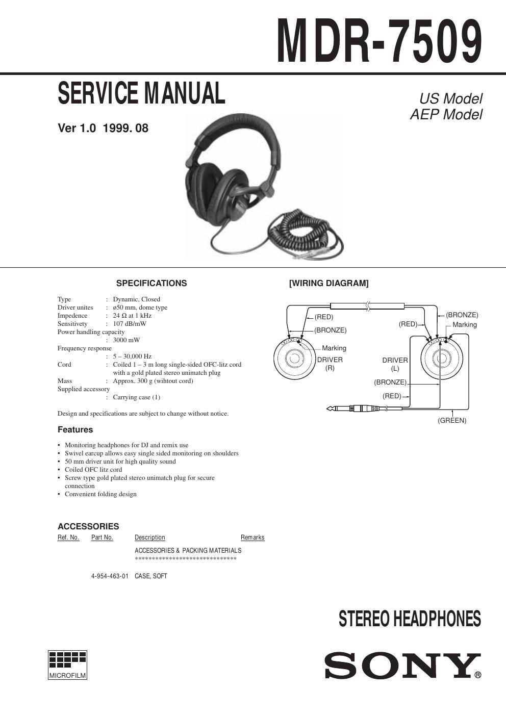 sony mdr 7509 service manual