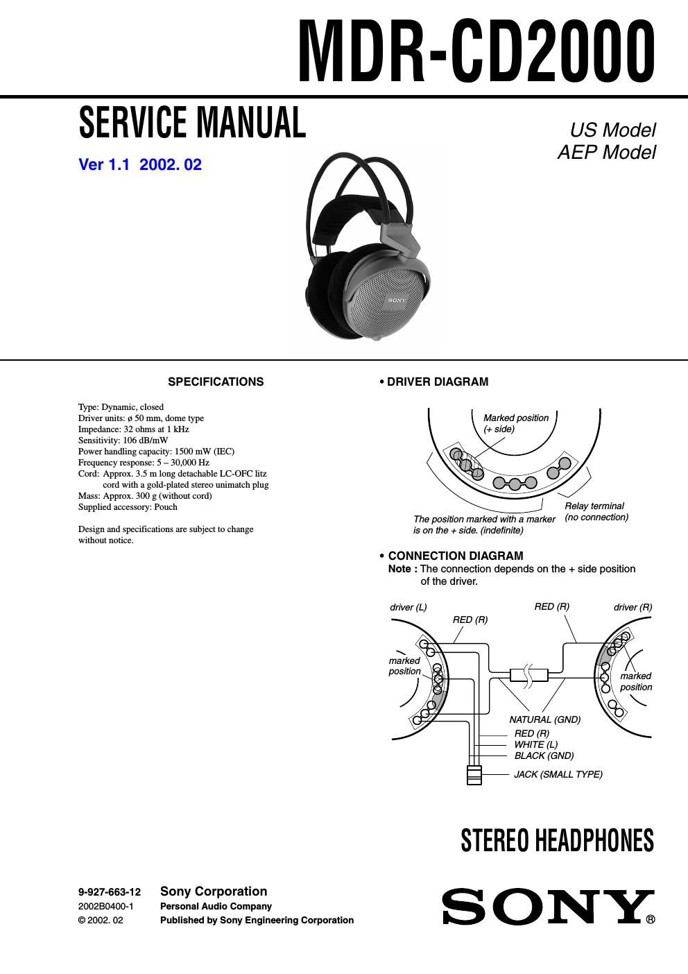 sony mdr cd 2000 service manual