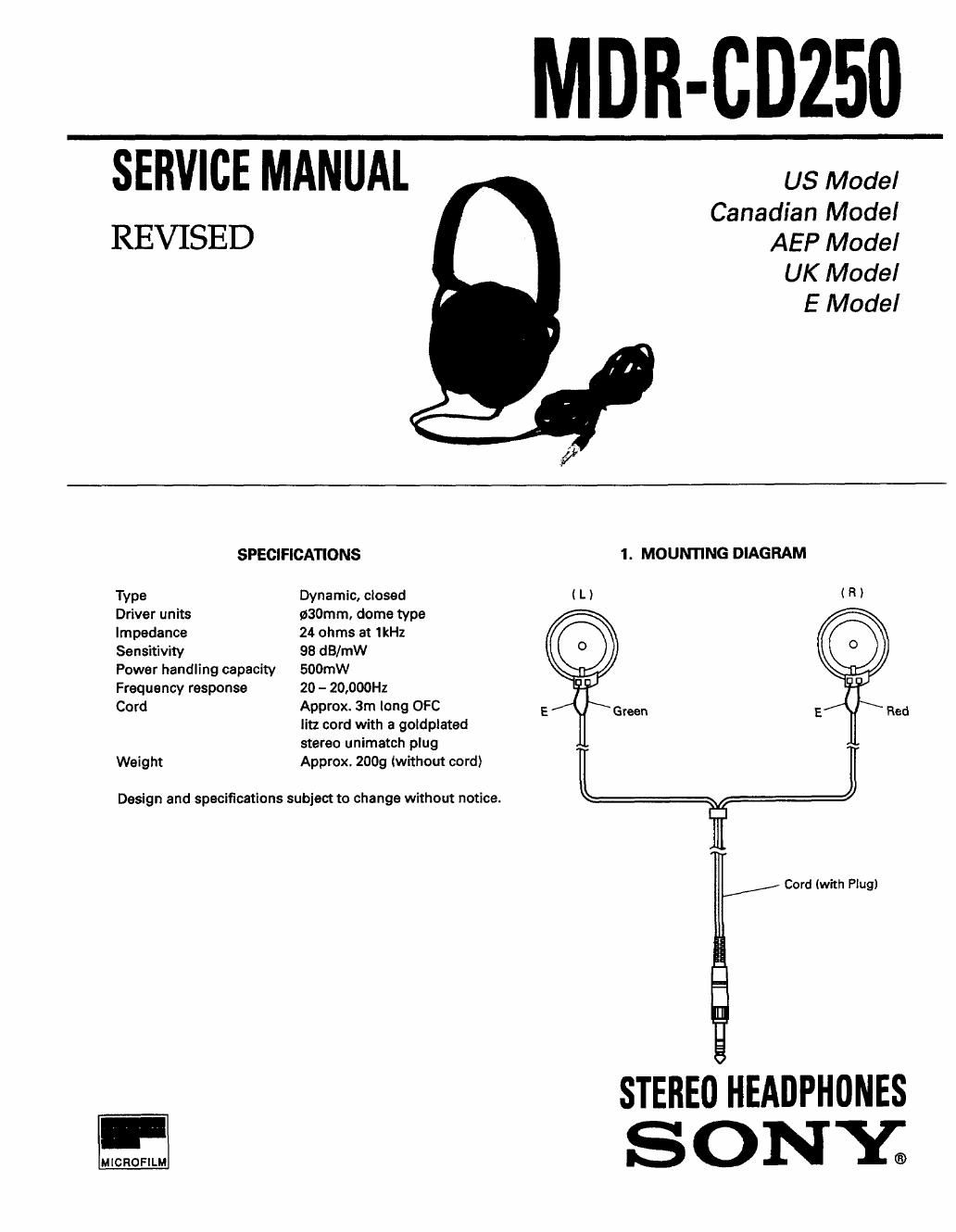 sony mdr cd 250 service manual