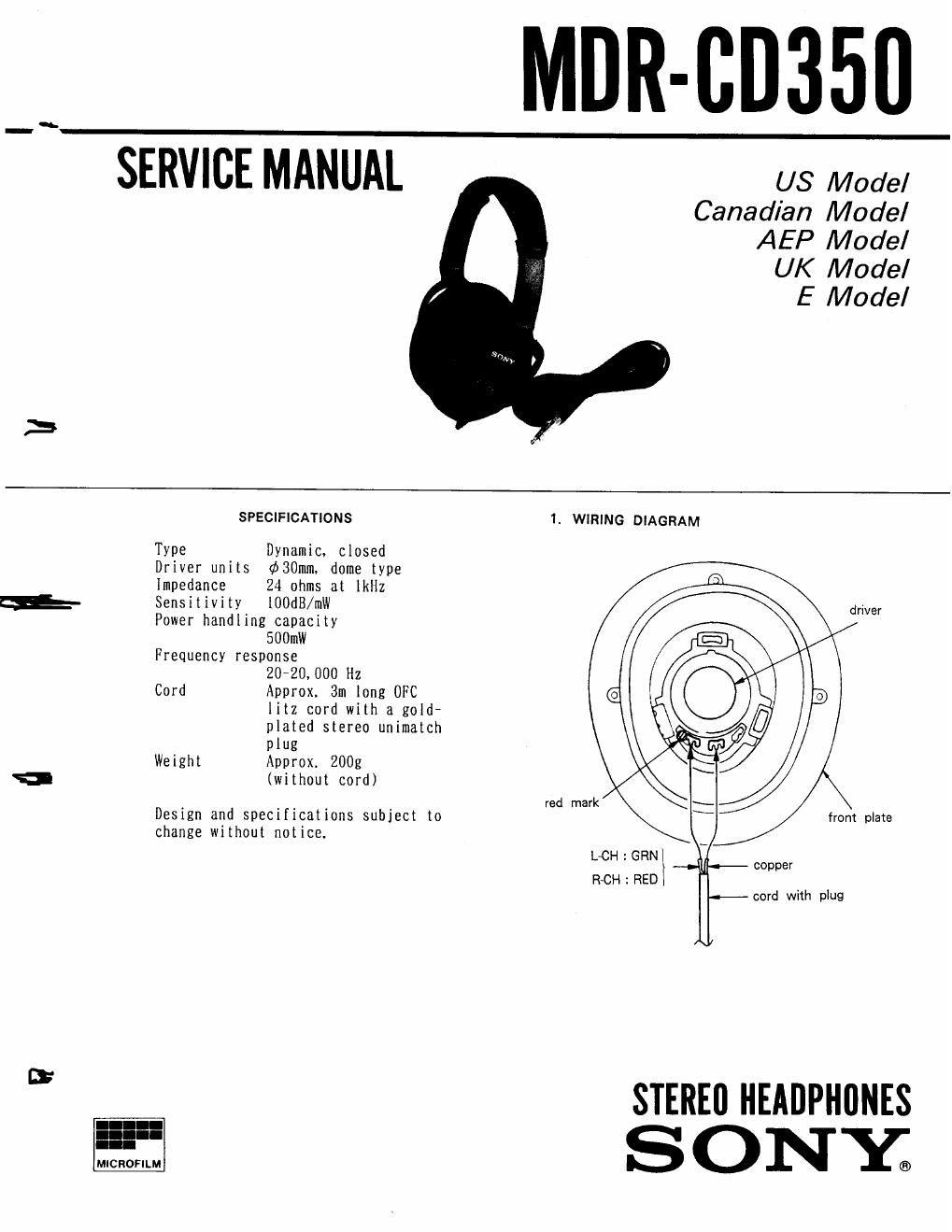sony mdr cd 350 service manual