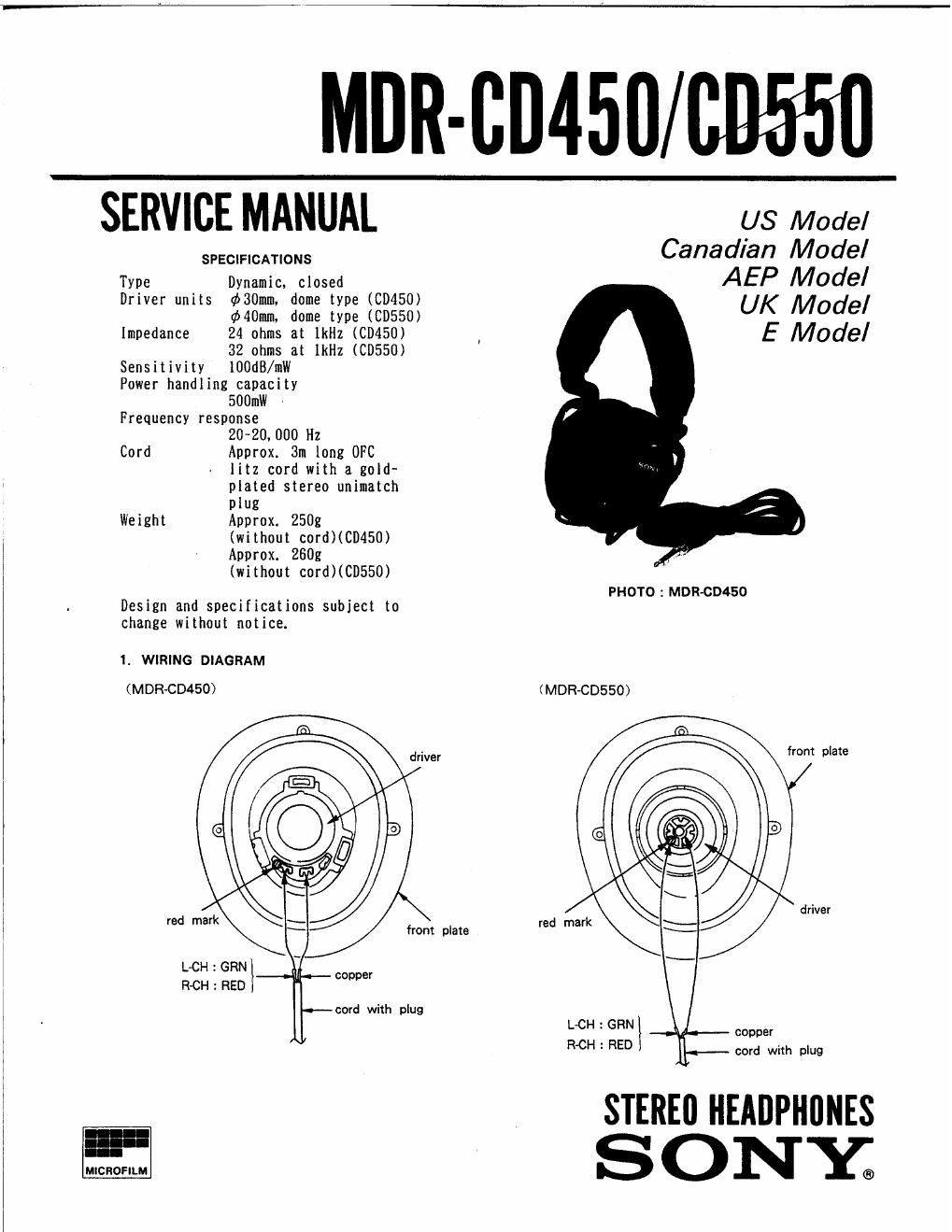 sony mdr cd 450 service manual