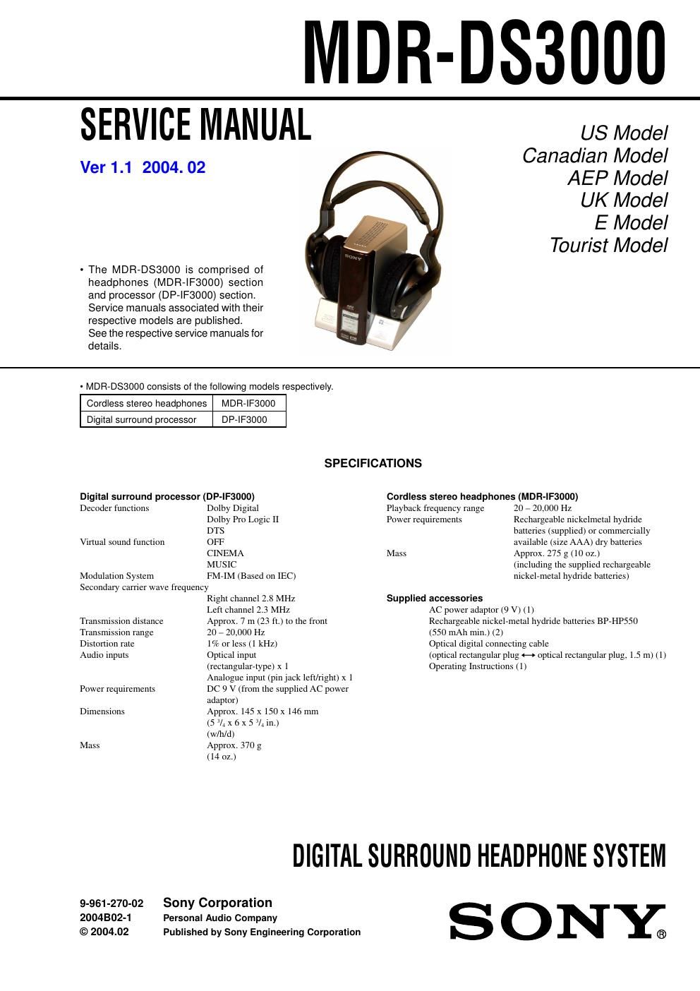 sony mdr ds 3000 service manual