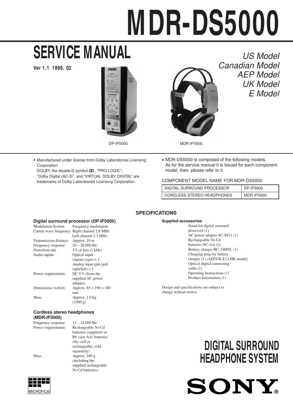 sony mdr ds 5000 service manual