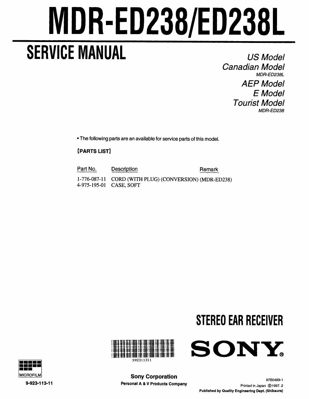 sony mdr ed 238 l service manual