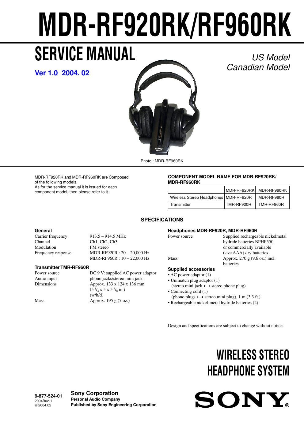 sony mdr rf 960 rk service manual