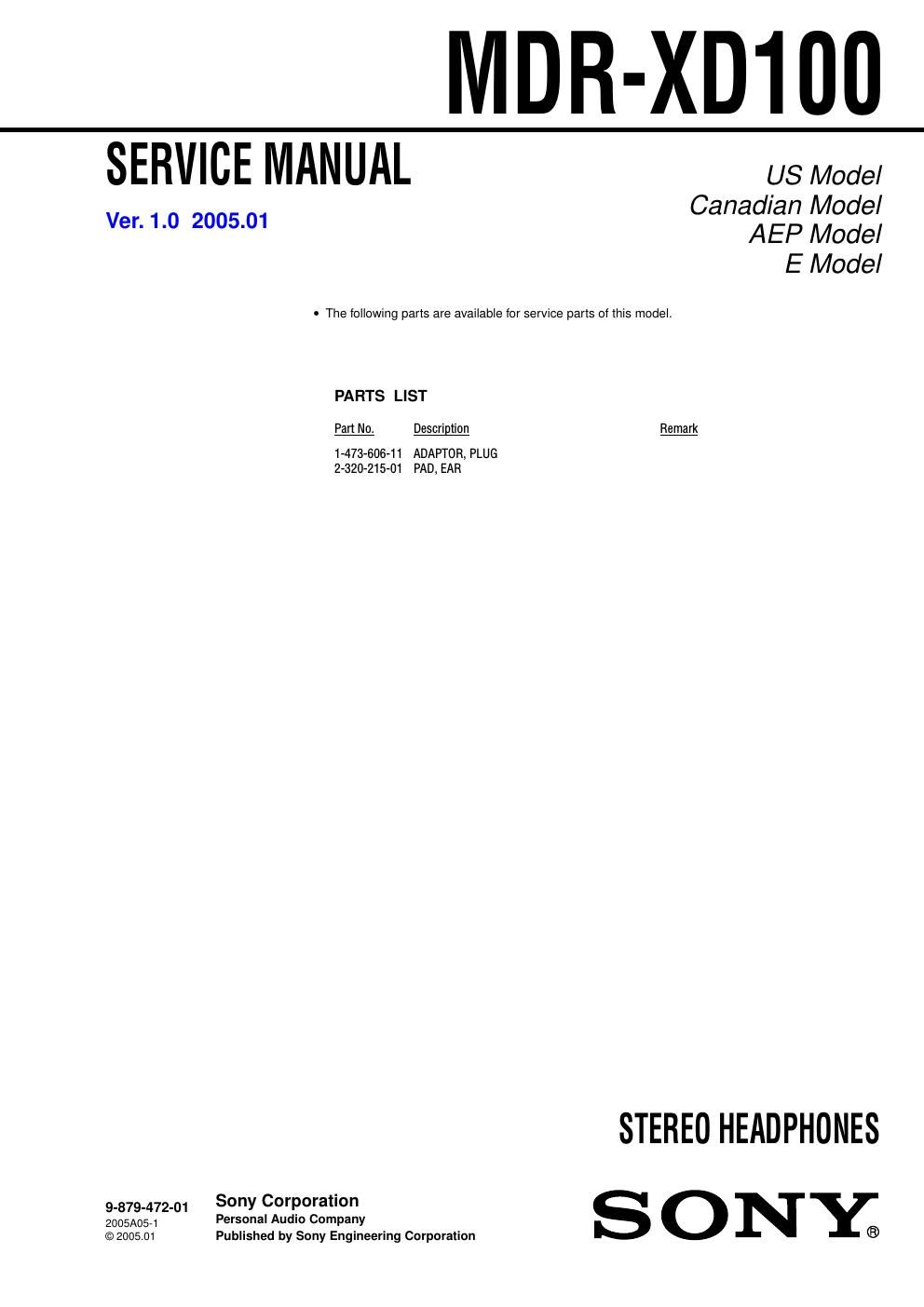 sony mdr xd 100 service manual