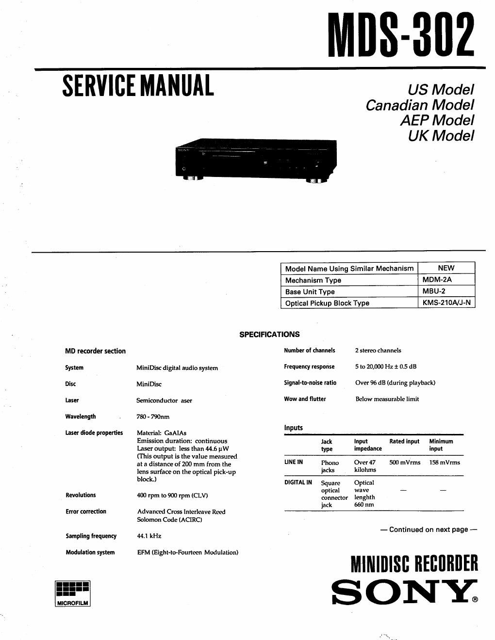 sony mds 302 service manual