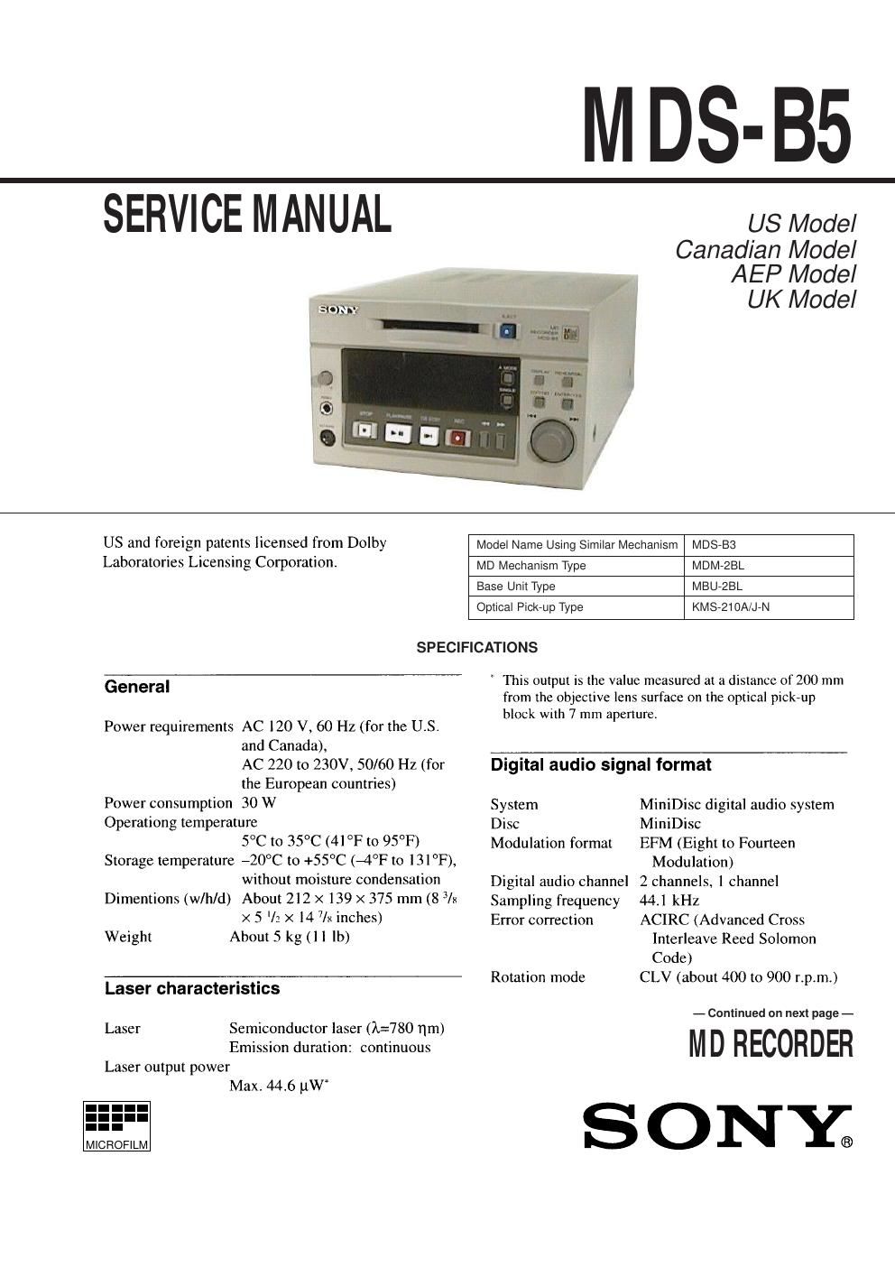 sony mds b 5 service manual