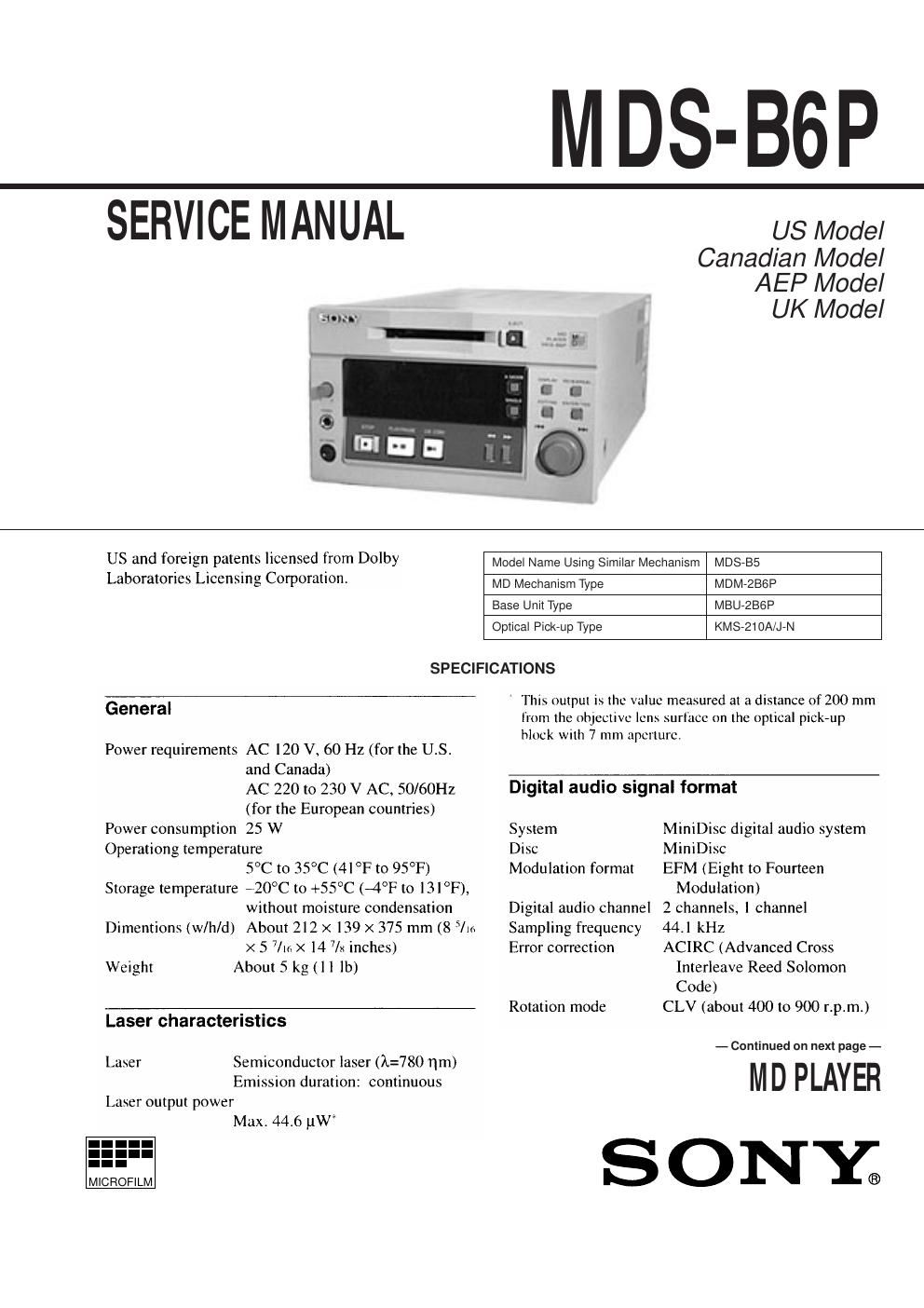 sony mds b 6 p service manual