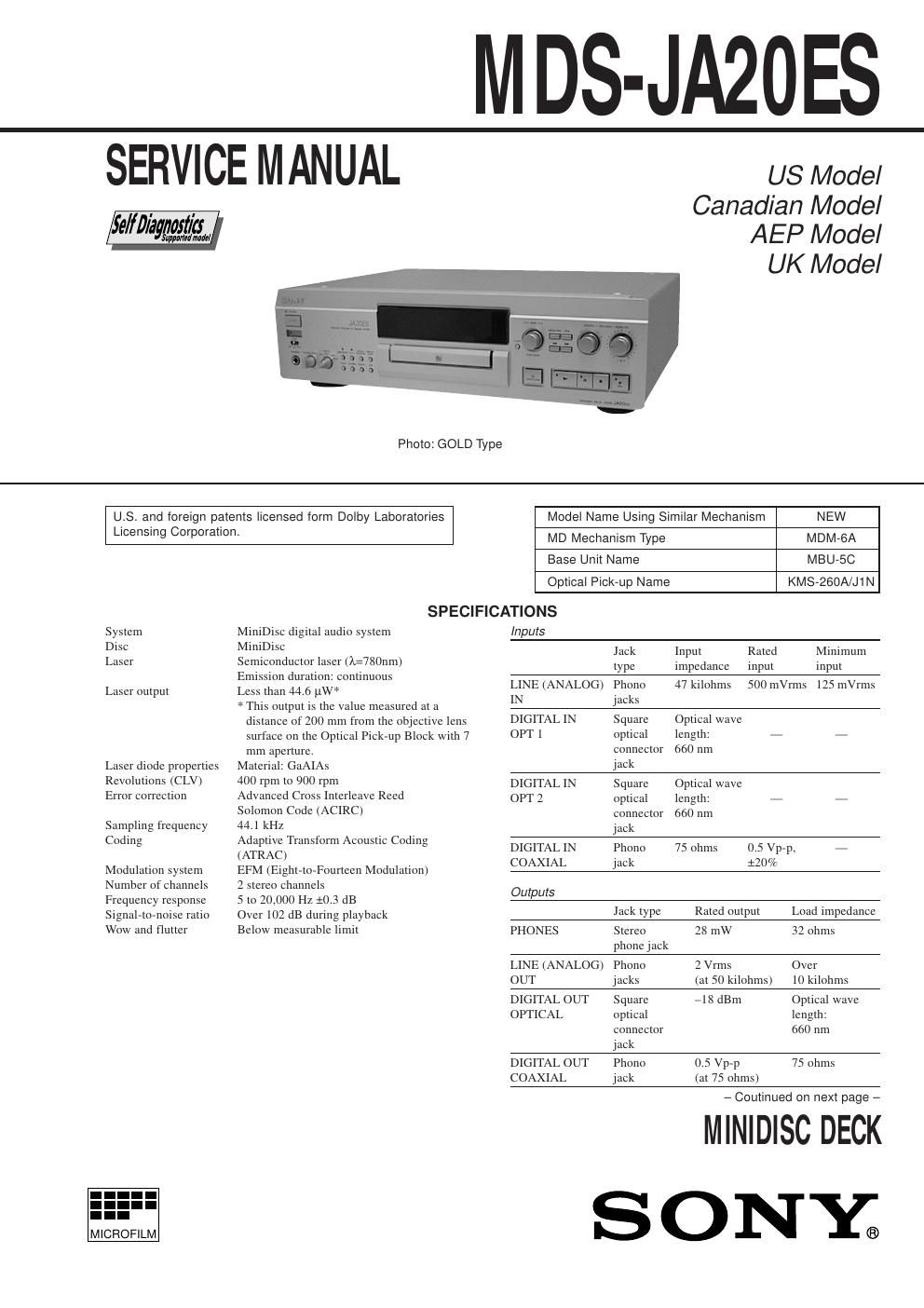 sony mds ja 20 es service manual