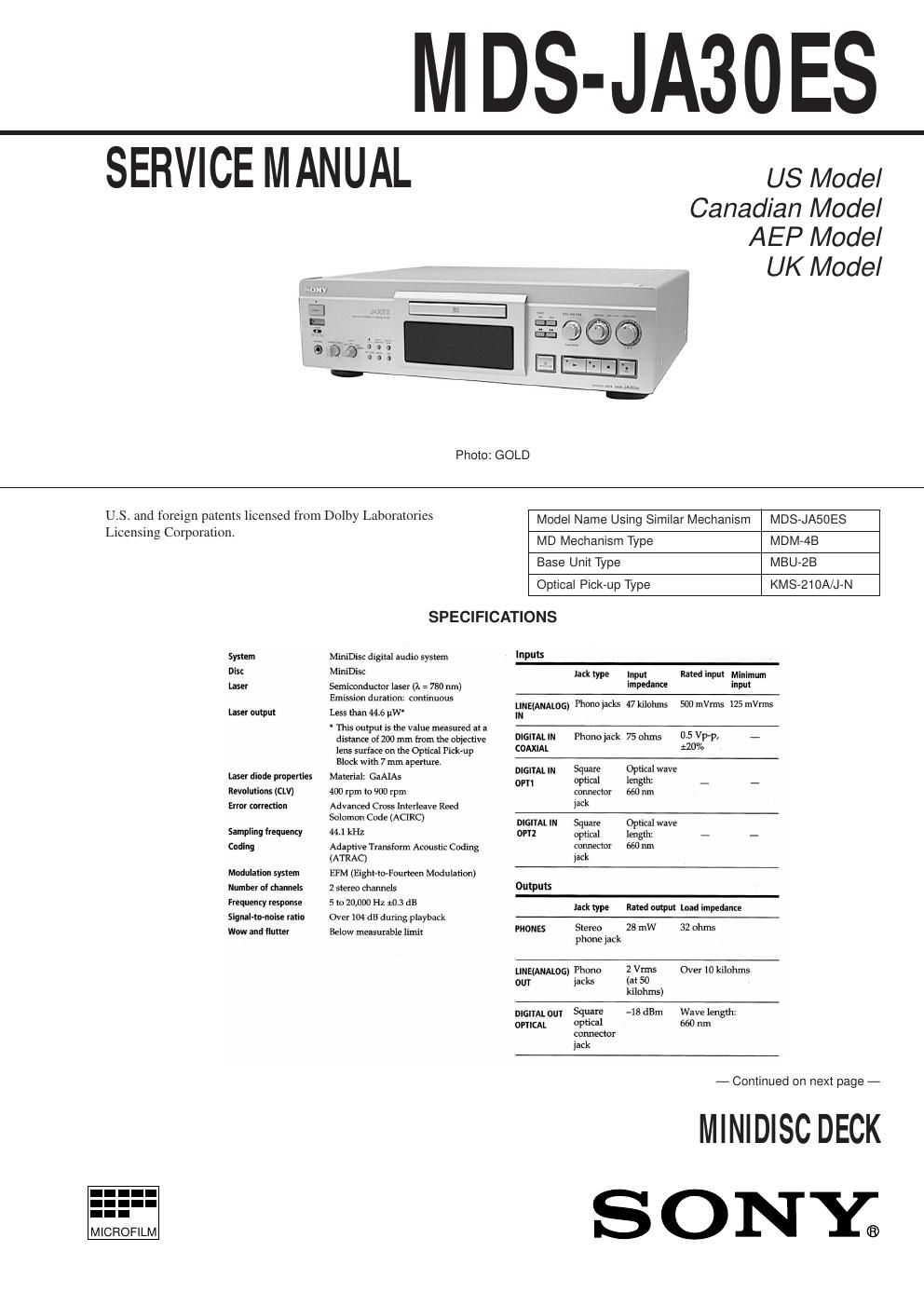 sony mds ja 30 es service manual