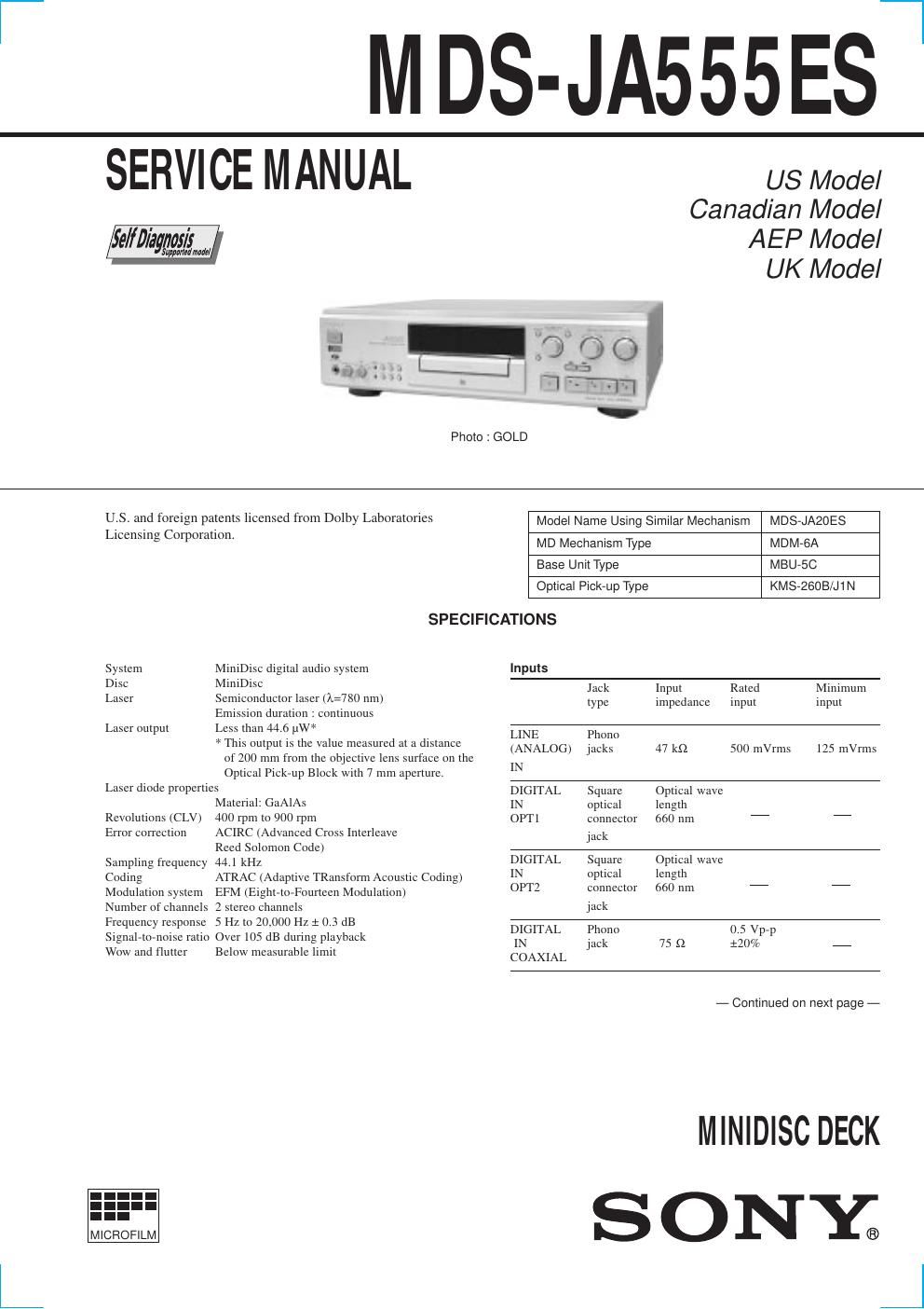 sony mds ja 555 es service manual