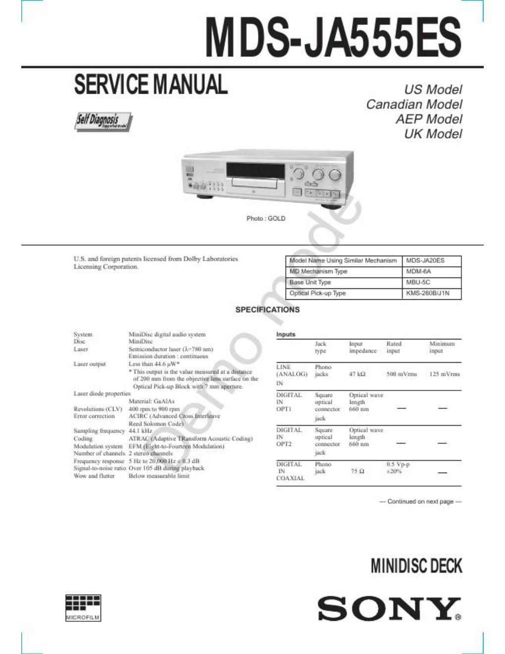 sony mds ja 555es