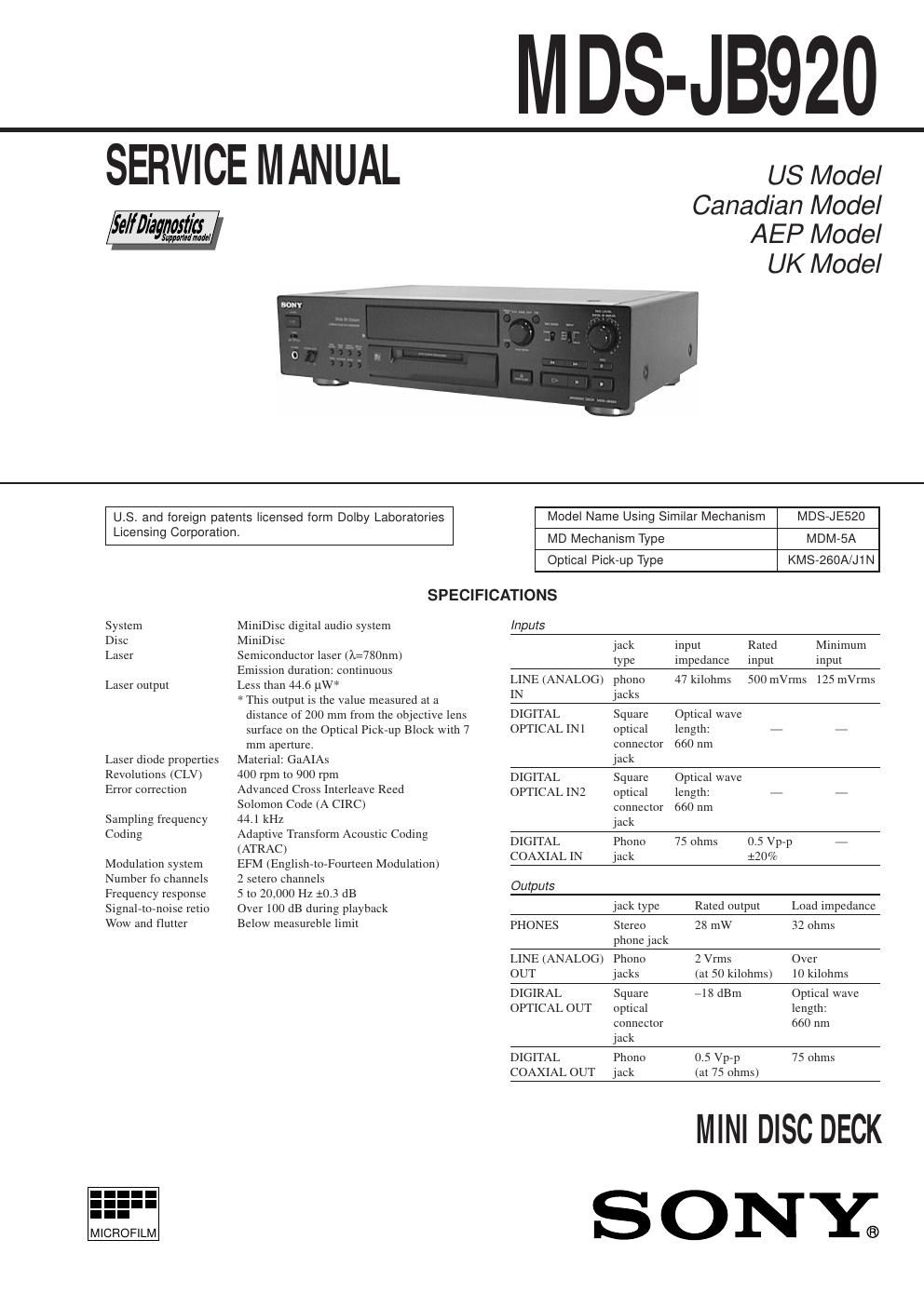 sony mds jb 920 service