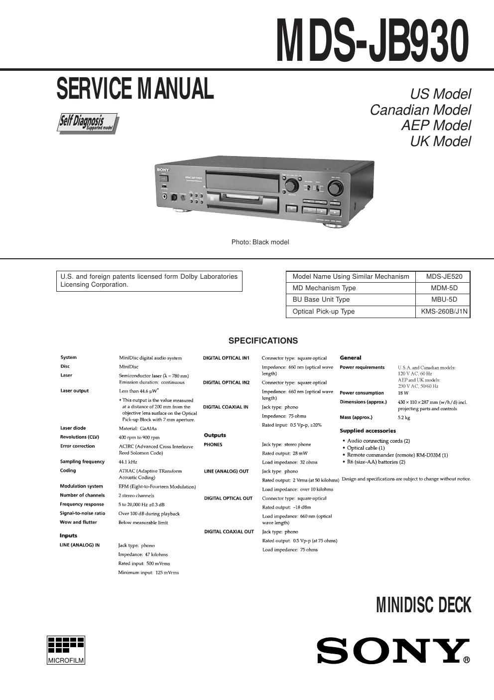 sony mds jb 930 b service manual