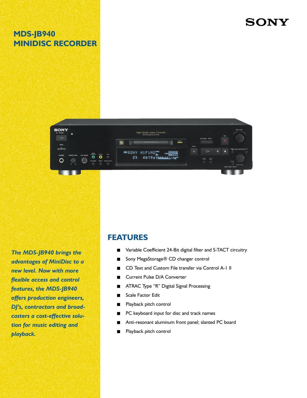 sony mds jb 940 brochure