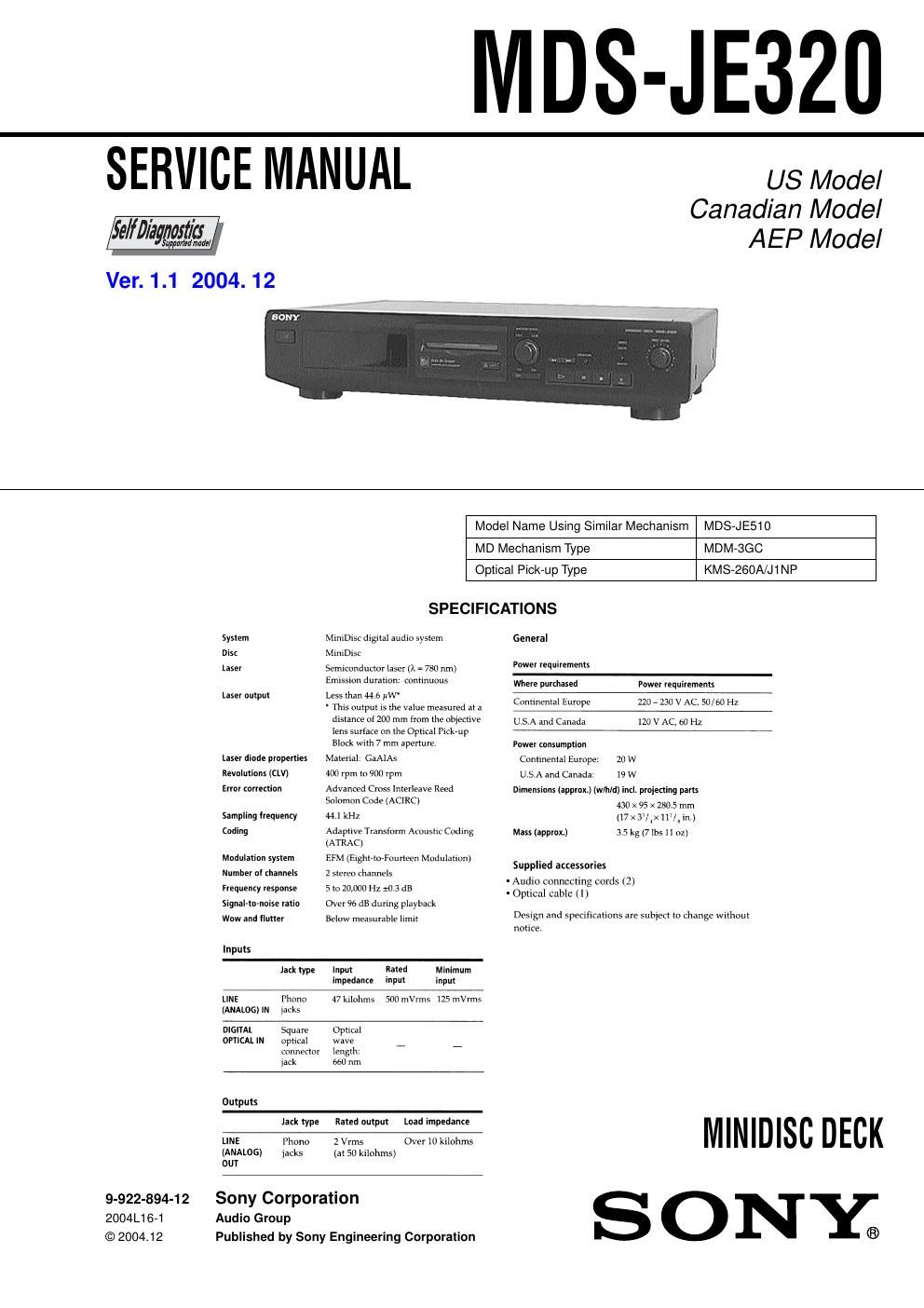 sony mds je 320 service manual