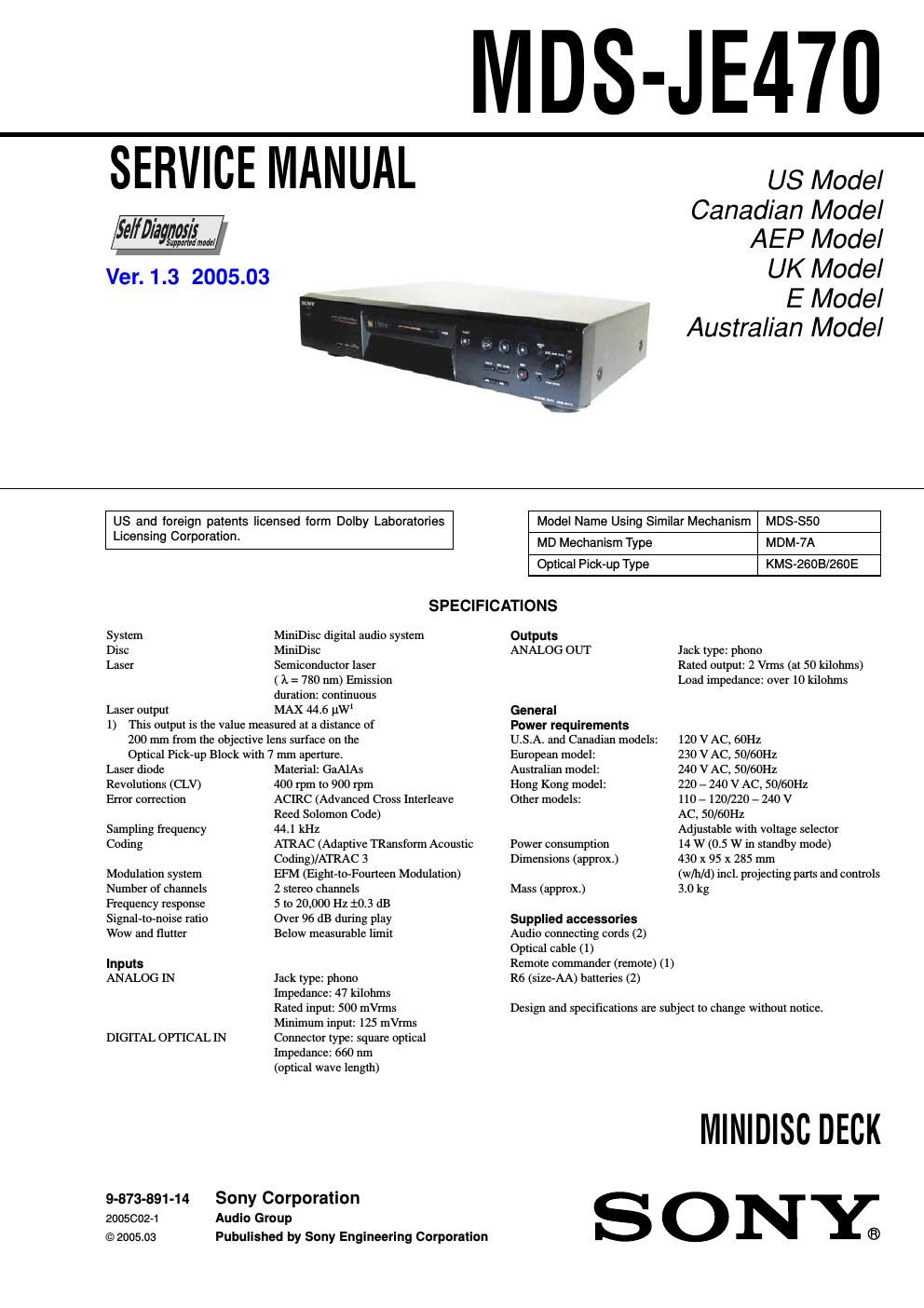 sony mds je 470 service manual