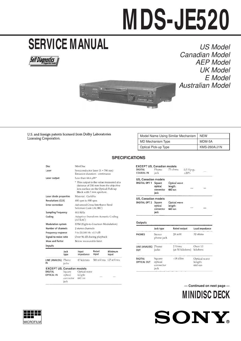 sony mds je 520 service manual