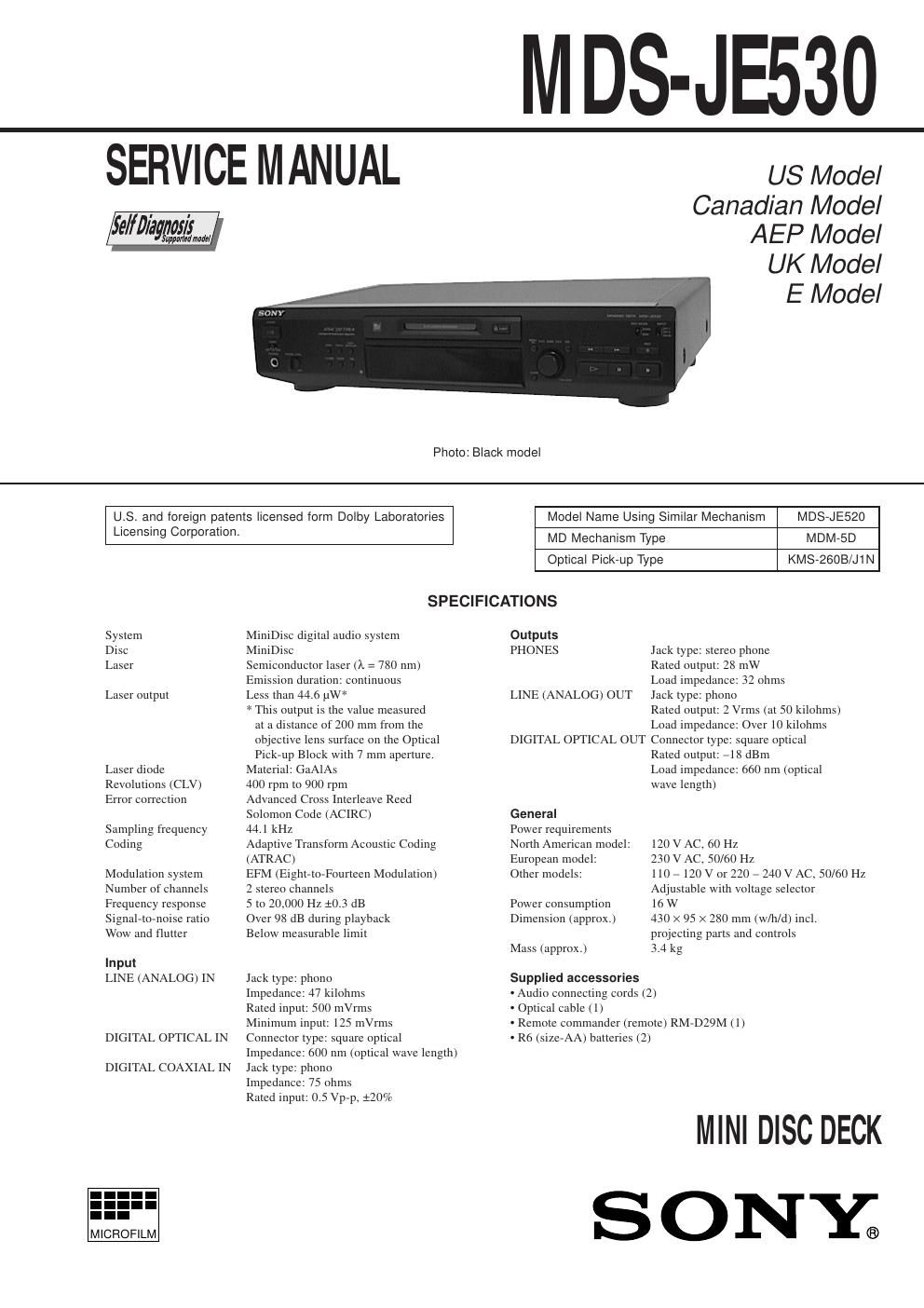 sony mds je 530 service manual