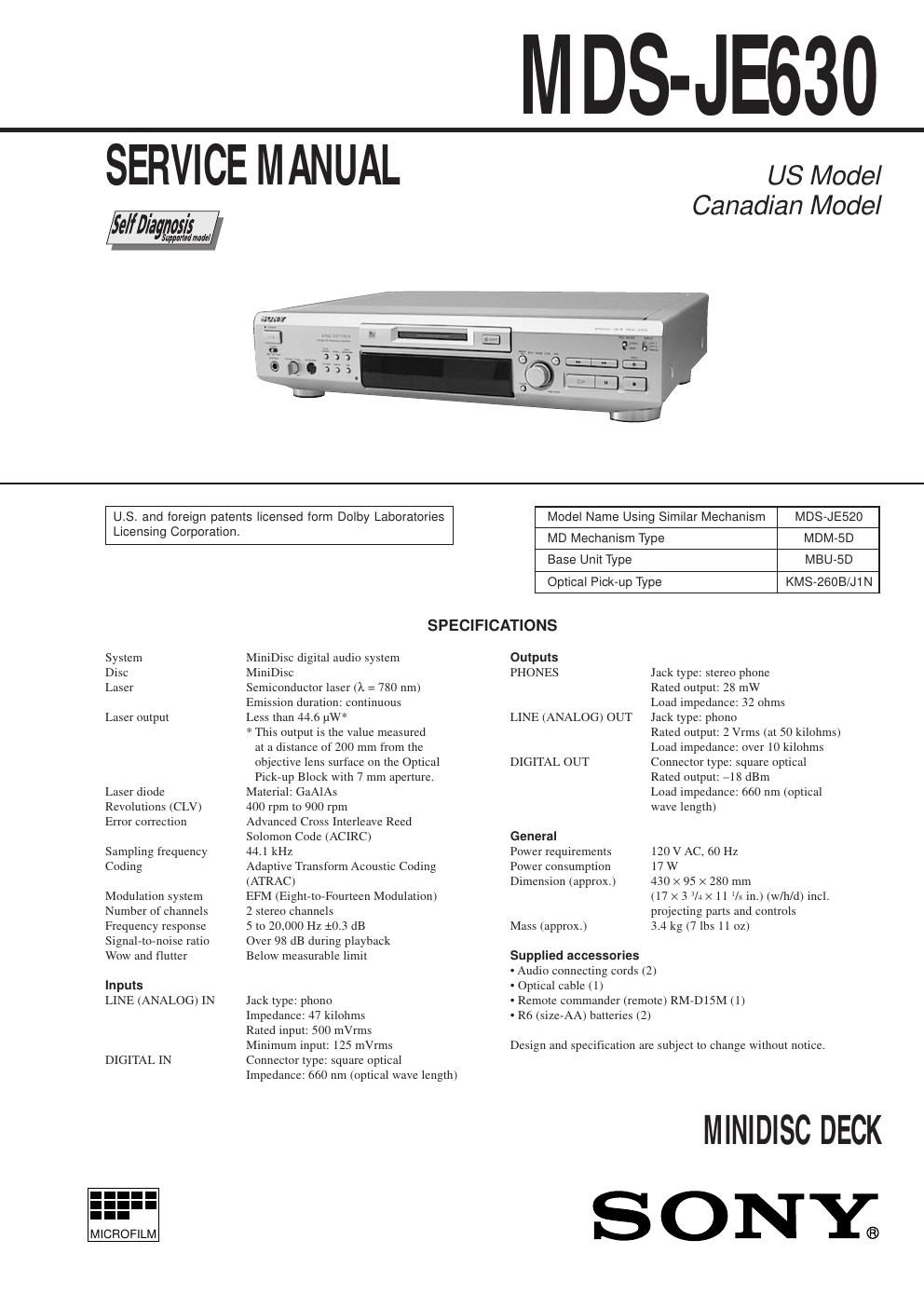 sony mds je 630 service manual